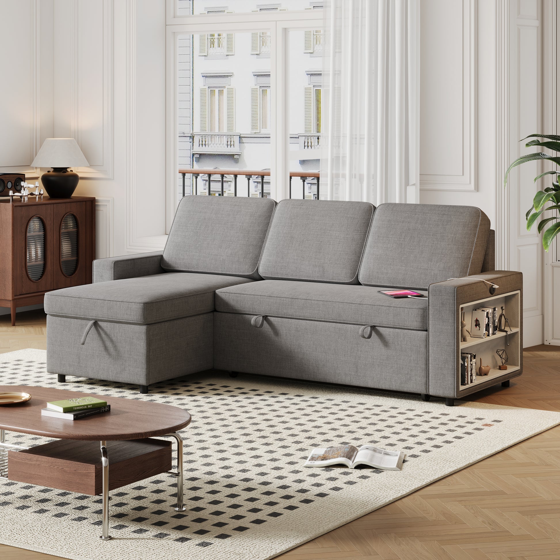 85.8" Pull Out Sleeper Sofa L Shaped Couch Convertible Sofa Bed With Storage Chaise And Storage Racks,With Usb Port And T Pyce Port Dark Grey Fabric 3 Seat