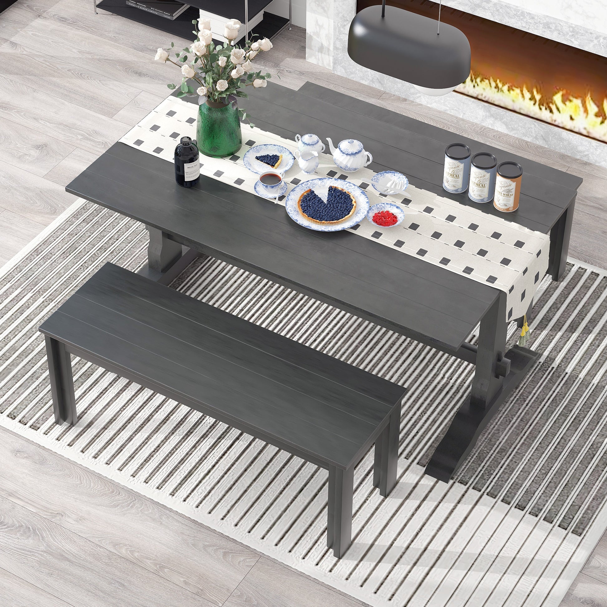 3 Piece Retro Dining Set, Rectangular Trestle Table And 2 Wood Benches For 4 People For Dining Room And Kitchen Grey Grey Solid Wood Mdf