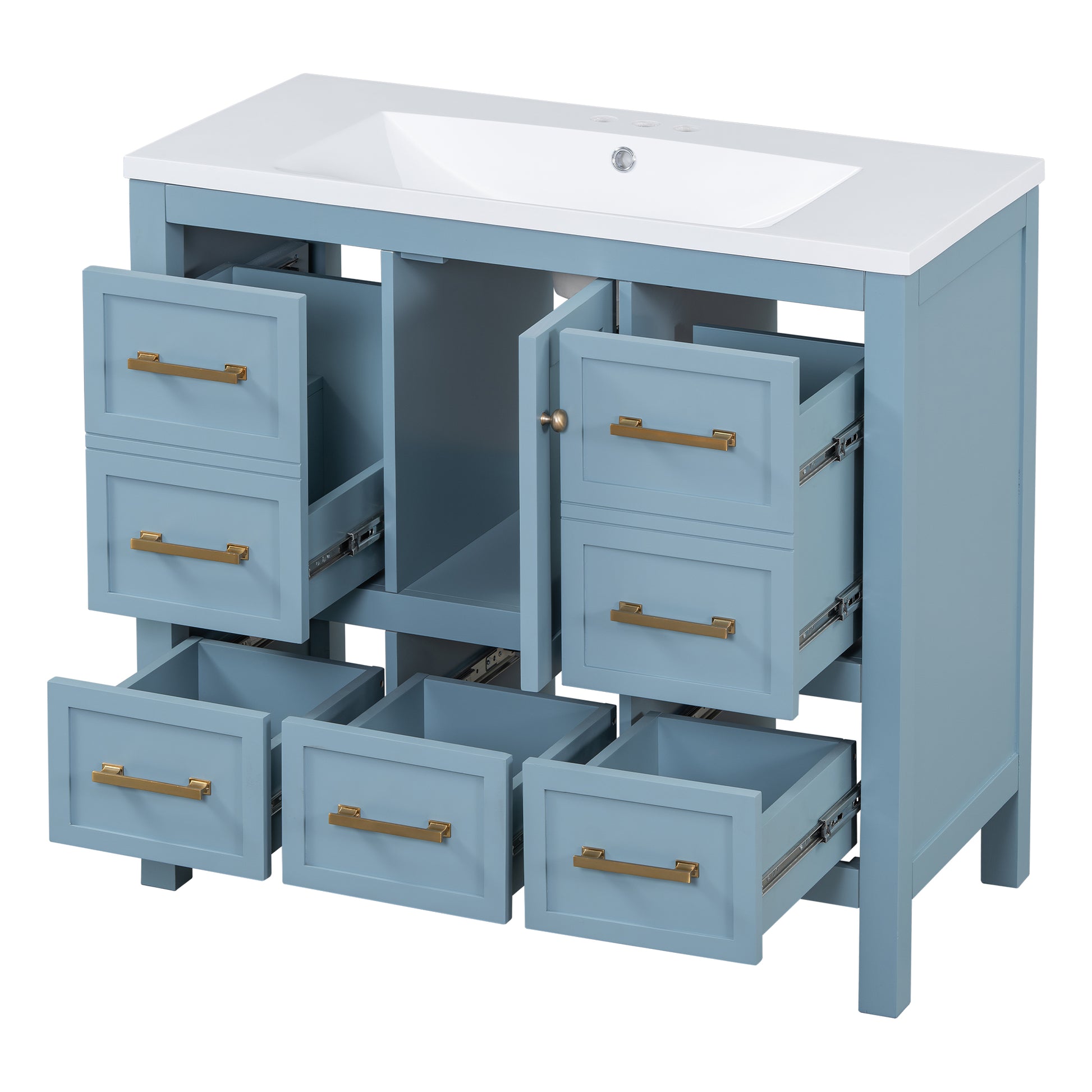 36'' Bathroom Vanity With Resin Sink Combo, Solid Wood Frame Bathroom Storage Cabinet, Freestanding Vanity Set With 5 Drawers& Soft Closing Doors Same As Sw000142Aam Blue Bathroom Solid Wood Mdf Resin