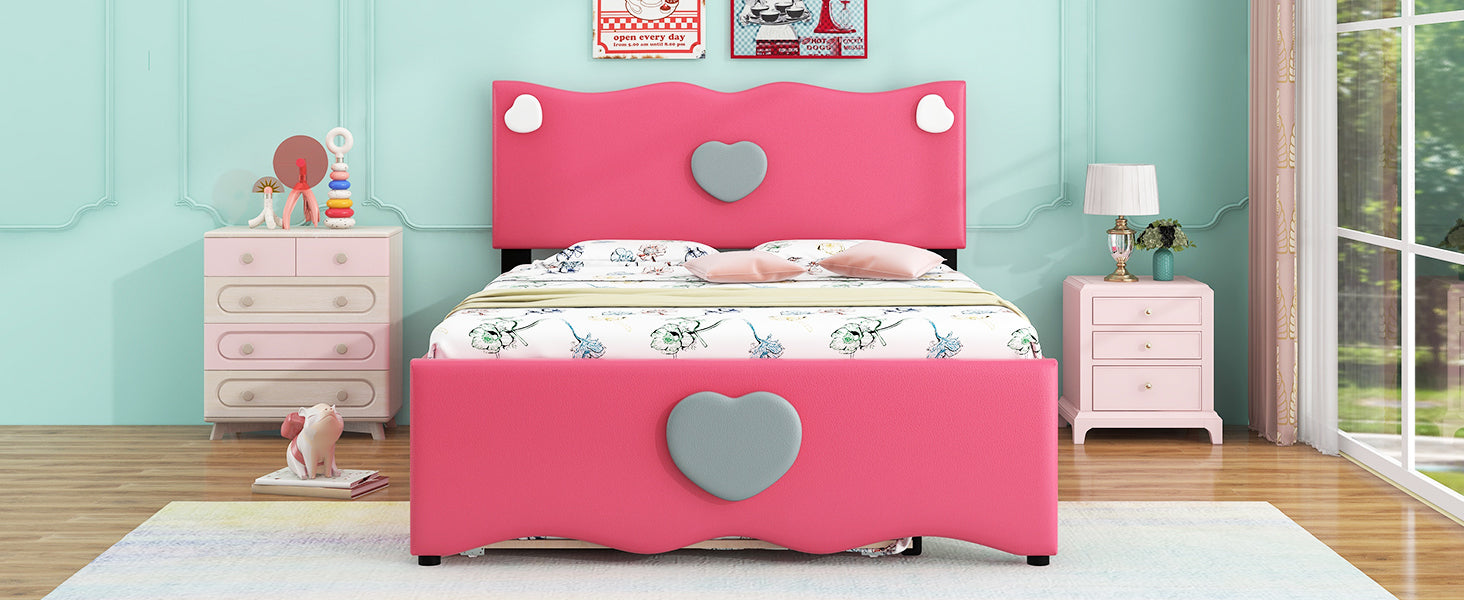 Full Size Upholstered Platform Bed With Trundle And Heart Shaped Decoration, Dark Pink Box Spring Not Required Full Dark Pink Wood Bedroom Bed Frame Faux Leather Upholstered