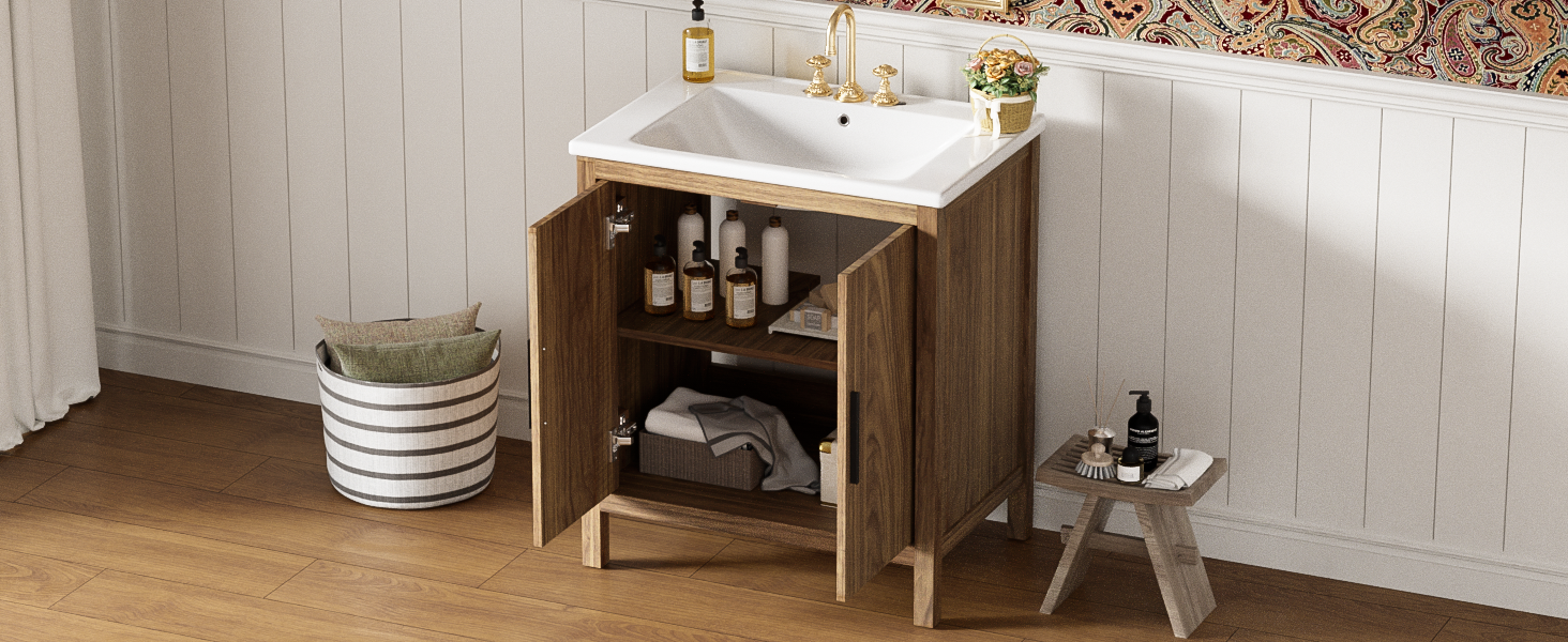 30" Wood Color Bathroom Vanity With Single Sink, Combination Under Counter Sink, Bathroom Storage Cabinet With Soft Closing Door, Multi Function Storage, Solid Wood Frame Wood Bathroom Solid Wood Mdf