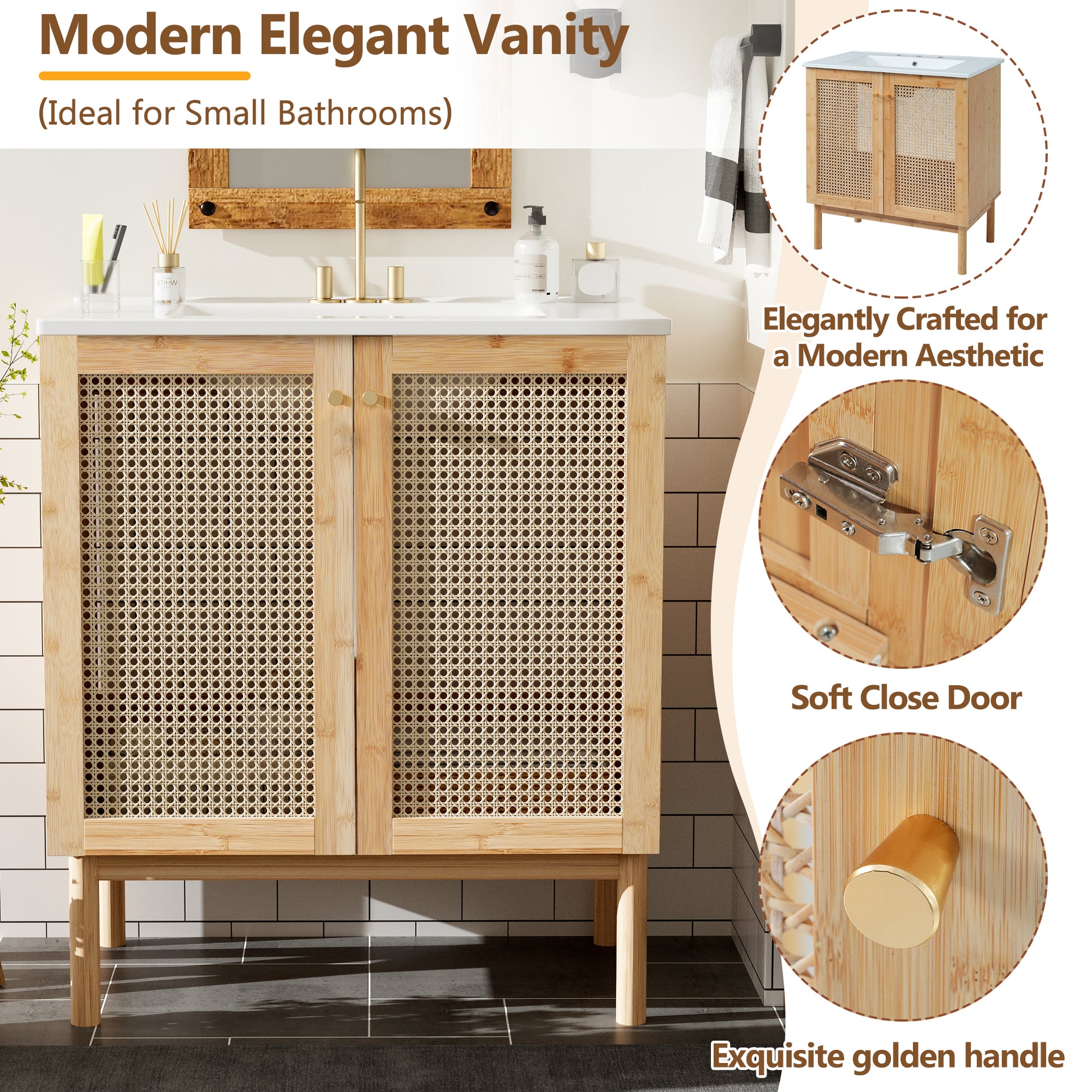 30 Inch Bathroom Vanity Crafted From Natural Materials, Featuring Handmade Rattan Doors And Soft Closing Mechanisms Wood Wood Rattan