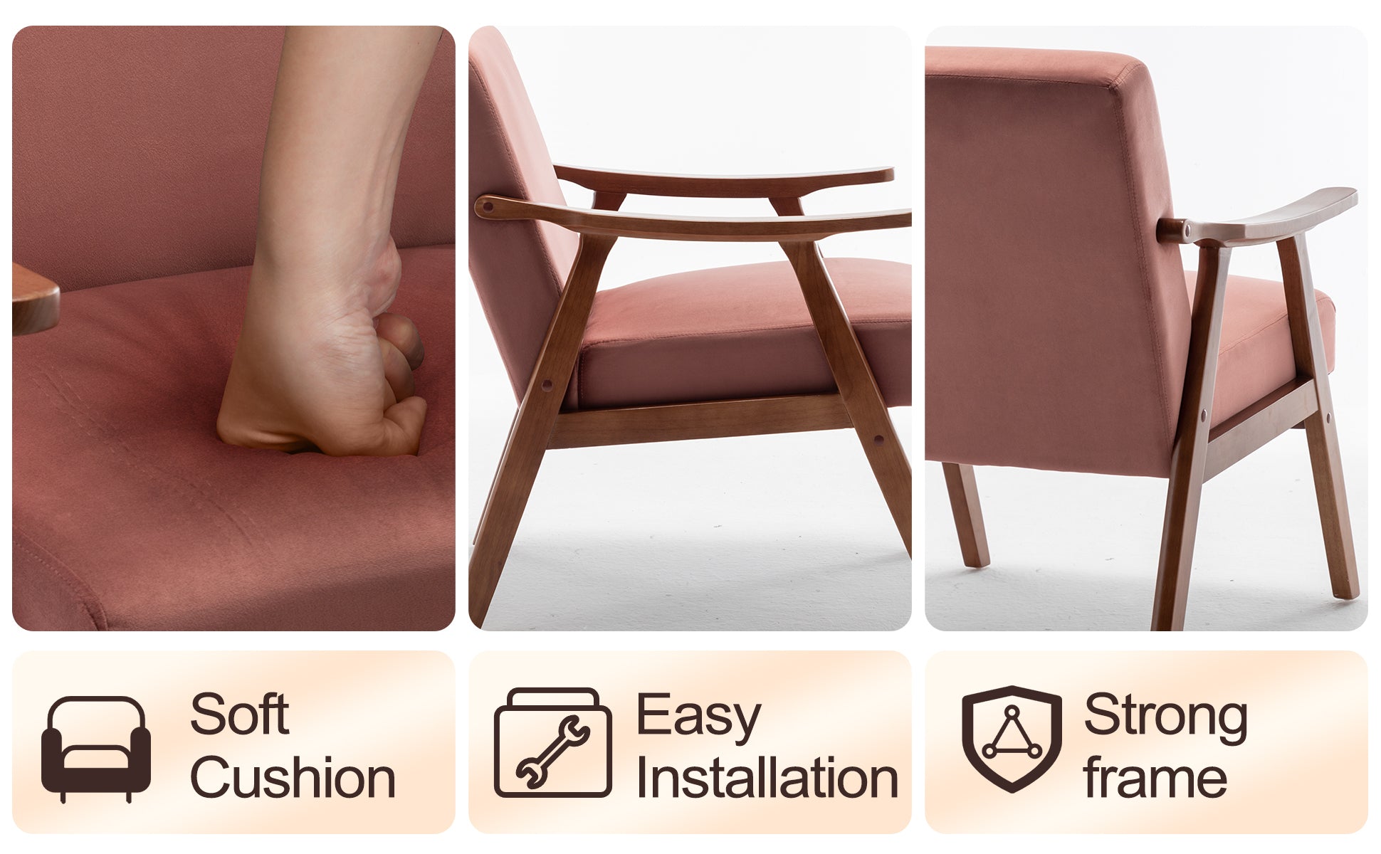 Mid Century Modern Chair, Living Room Chair With Solid Wood Frame, Accent Chair Extra Thick Backrest, Wingback Chair For Bedroom, Reading Room, Living Room, Lounge Chair Indoor Pink Primary Living Space Mid Century Modern Foam Velvet