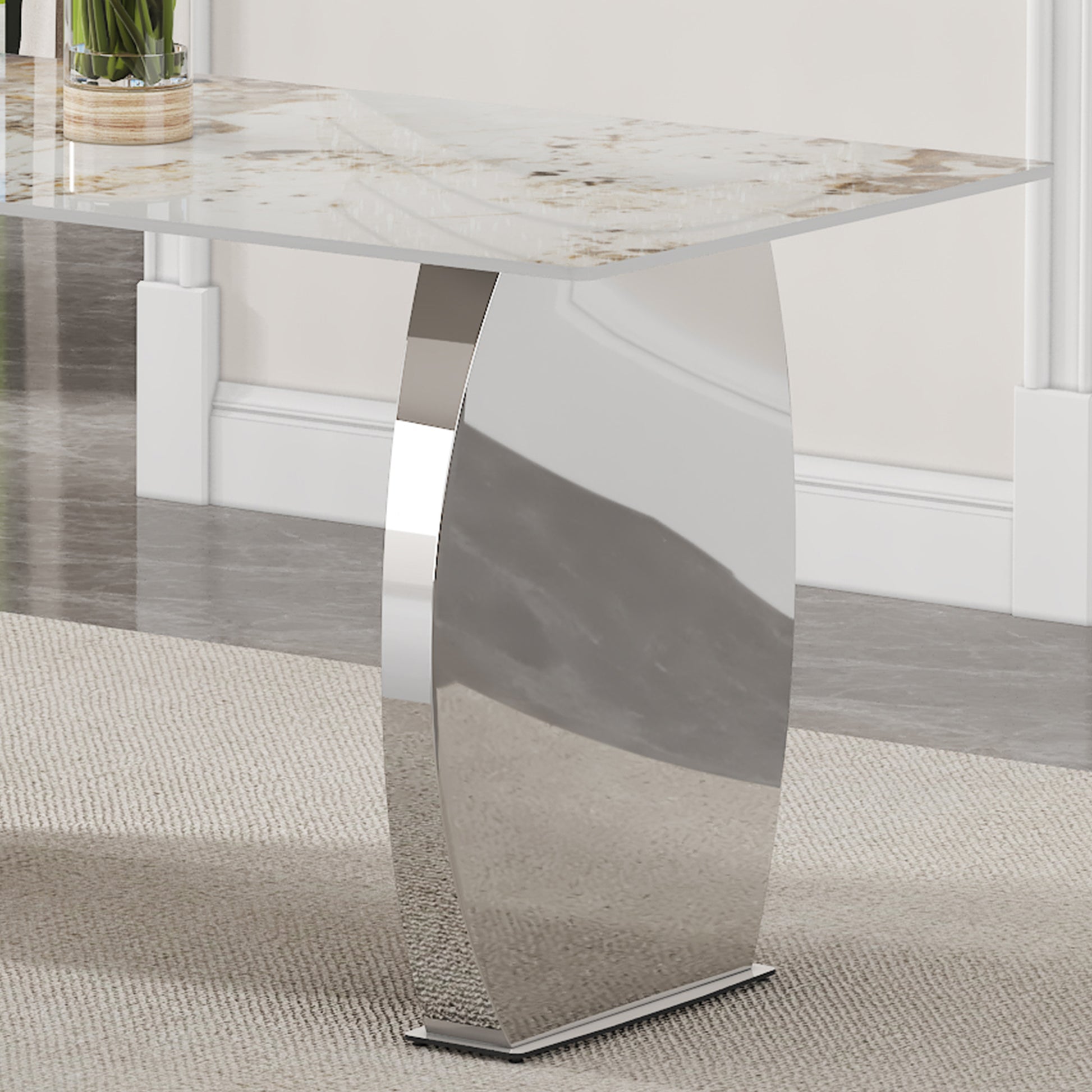 Modern Rectangular Dining Table, Imitation Marbled Rock Plate Table Top, Stainless Steel Table Legs, Suitable For Kitchen, Dining Room, Living Room 63 Inches * 31.4 Inches. Silver Sintered Stone