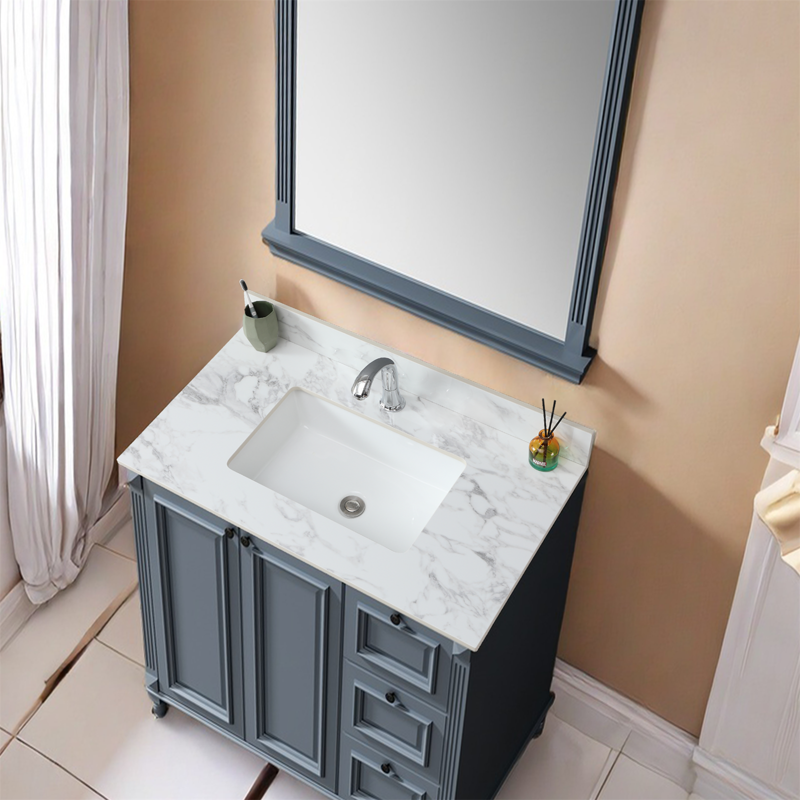 37"X22"Bathroom Vanity Top,Sintered Stone Carra Whitebarthroom Vanity Sink Tops With Rectangular Undermount Ceramic Sink With Vanity Backsplash, Single Faucet Hole Bathroom Vanity Countertop White