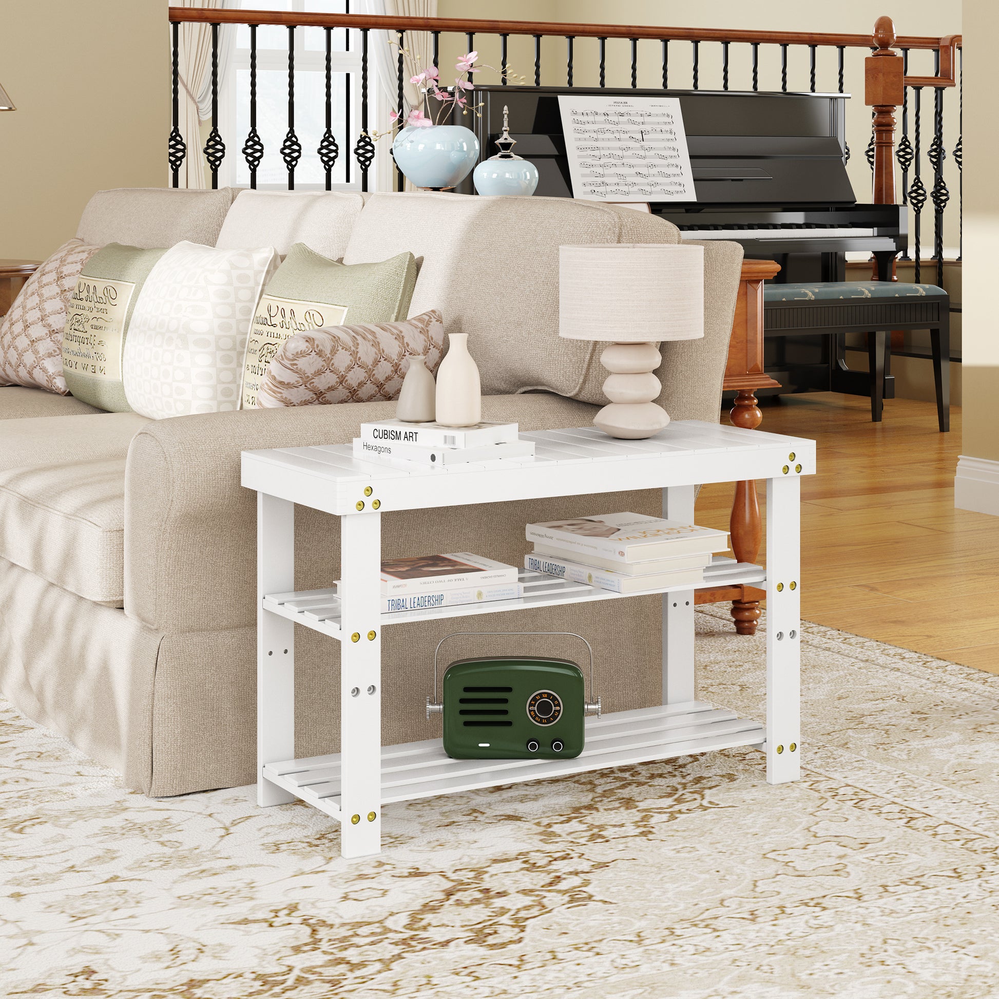 Bamboo Shoe Bench, 3 Tier Shoe Rack, Entryway Bench With Cushion And Adjustable Shelves, Shoe Rack For Entryway, Hallway, Mudroom And Living Room, White White Bamboo