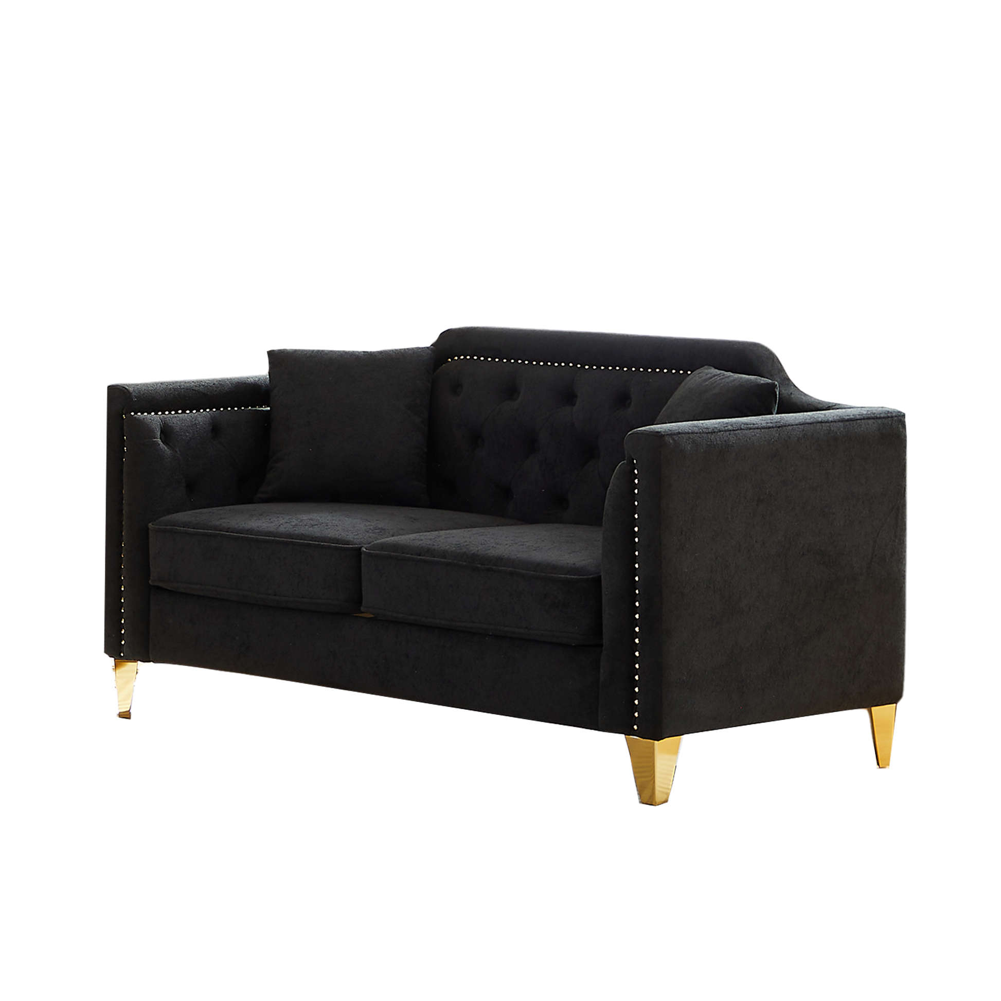Fx 61.5"Mid Century Design Modern Sofa,Chenille Pull Buckle Design Sofa For Living Room,Buttons Tufted With Copper Nail Decoration Armrest, With 2 Pillows,Modern Couch Upholstered Button And Metal Leg Black Chenille Wood Pine Foam Fabric 2 Seat