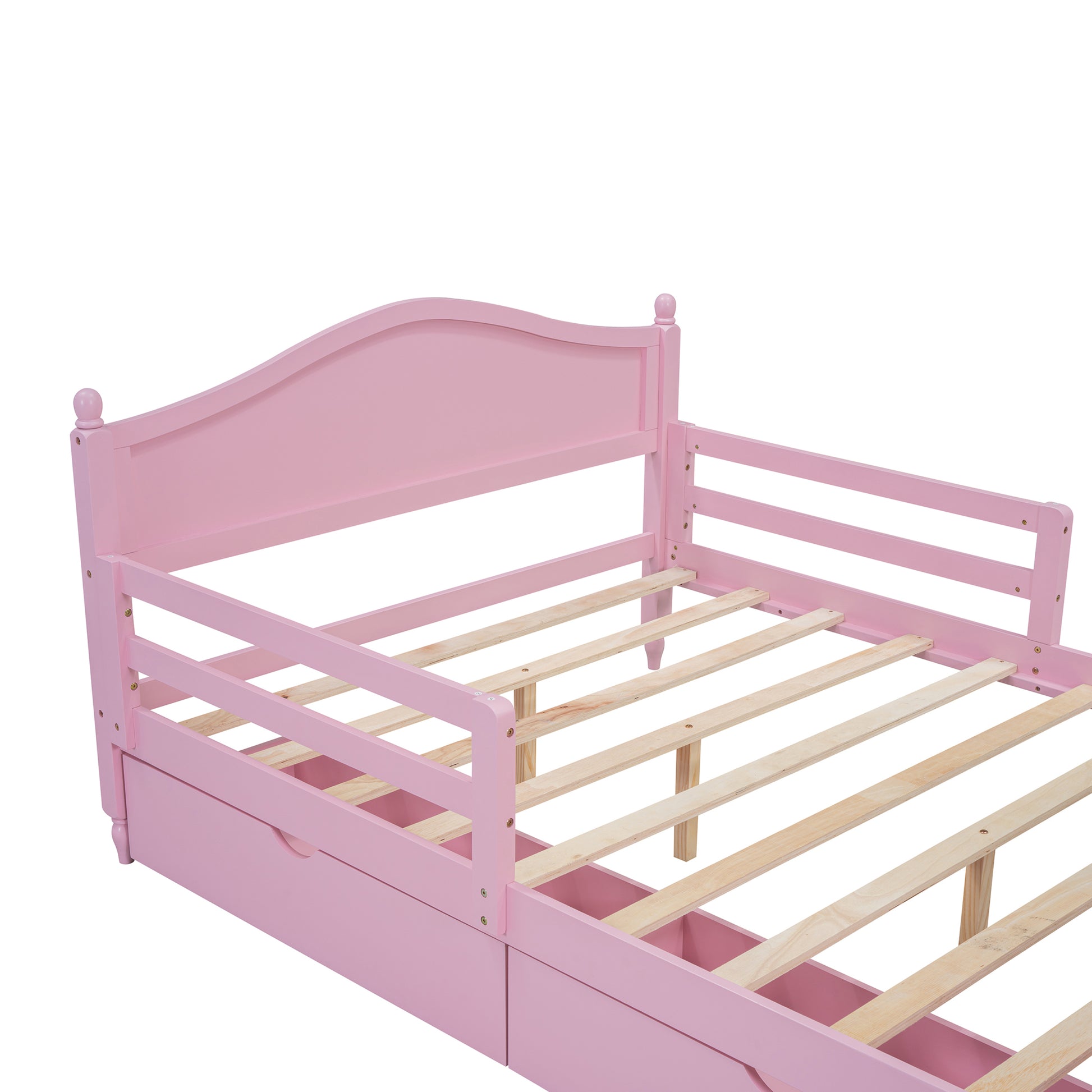 Full Size Wood Platform Bed With Guardrails On Both Sides And Two Storage Drawers ,Pink Full Pink Wood