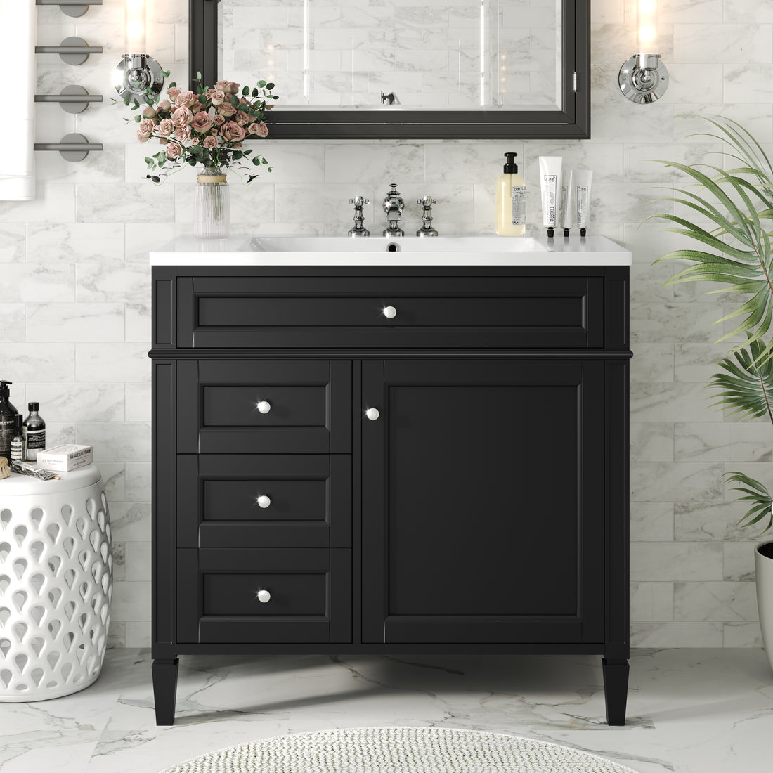 36'' Bathroom Vanity With Top Sink, Modern Bathroom Storage Cabinet With 2 Drawers And A Tip Out Drawer, Single Sink Bathroom Vanity Black Bathroom Solid Wood Mdf