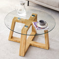 Modern Practical Circular Coffee Tables. Made Of Transparent Tempered Glass Tabletop And Wood Colored Mdf Material. Suitable For Living Rooms And Bedrooms.31.5