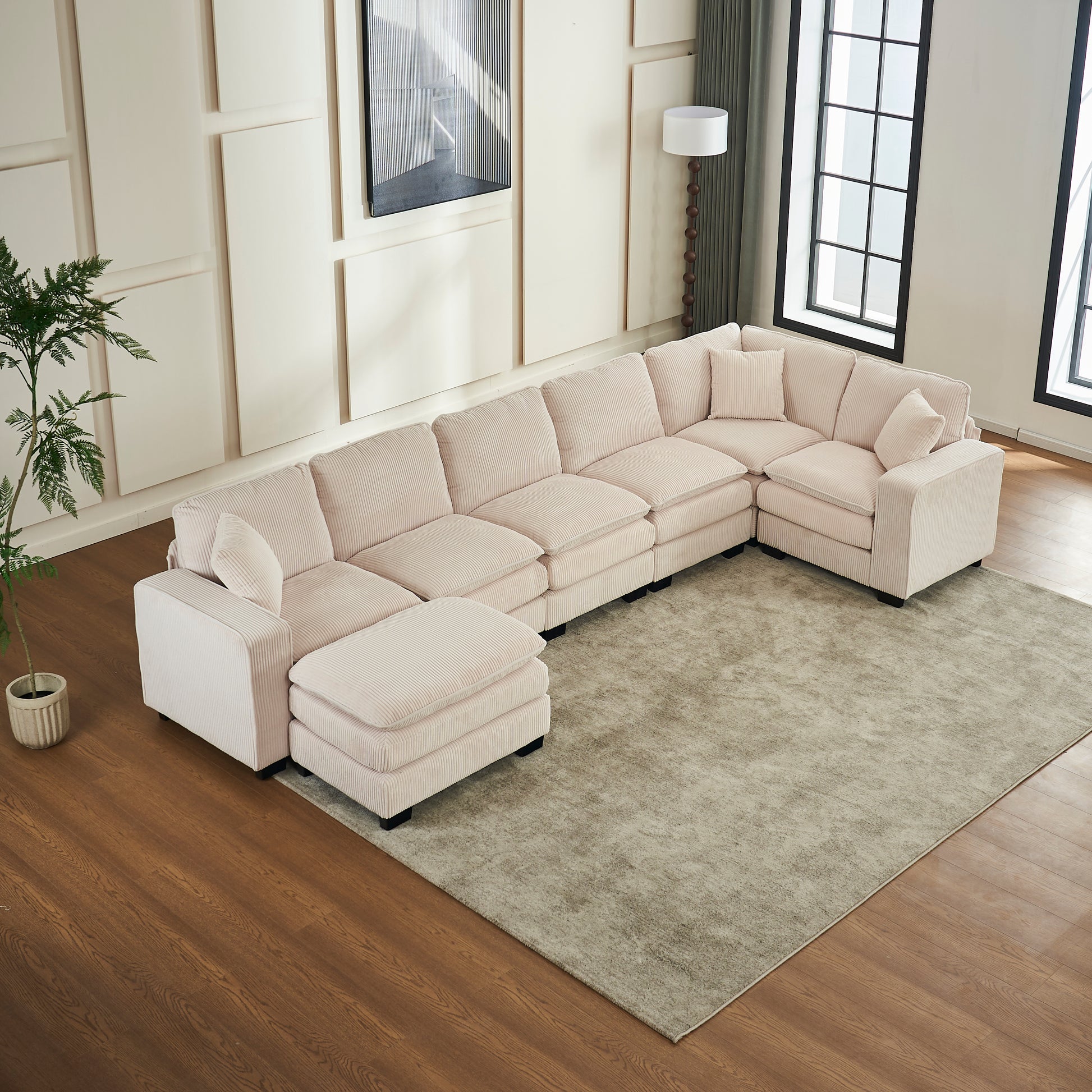 Modern U Shaped 6 Seat Sectional Sofa Couch With One Ottoman And Three Toss Pillows ,Modular Sofa For Living Room,Corduroy Sofa White Corduroy 7 Seat