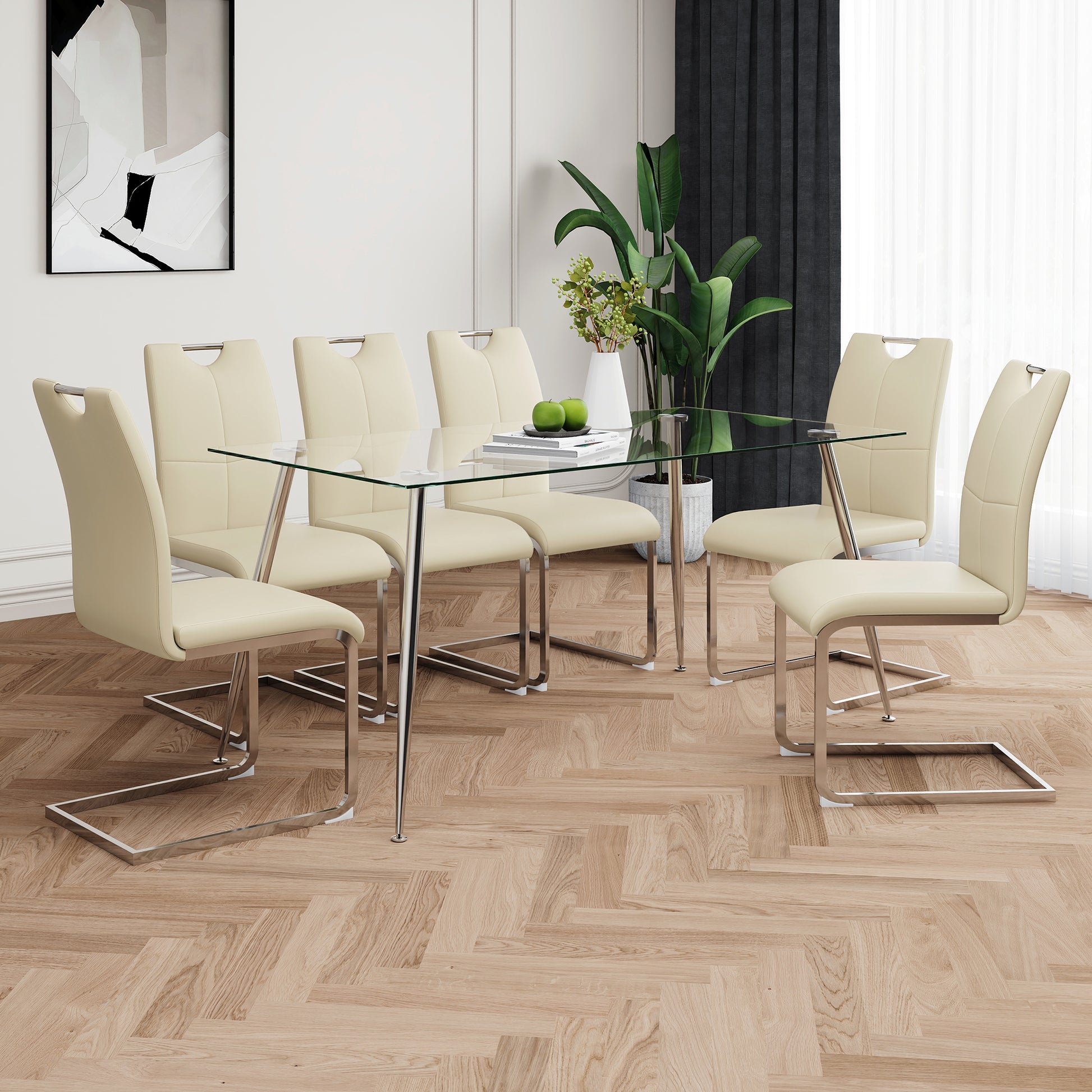 Modern Simple Rectangular Glass Dining Table, Solid Tempered Glass Tabletop, Electroplated Table Legs, Light Yellow Pu Dining Chair Set, Suitable For Restaurant Kitchen Use Set Of 7 Upholstered Chair Glass Light Yellow Seats 6 Metal Rectangular Dining