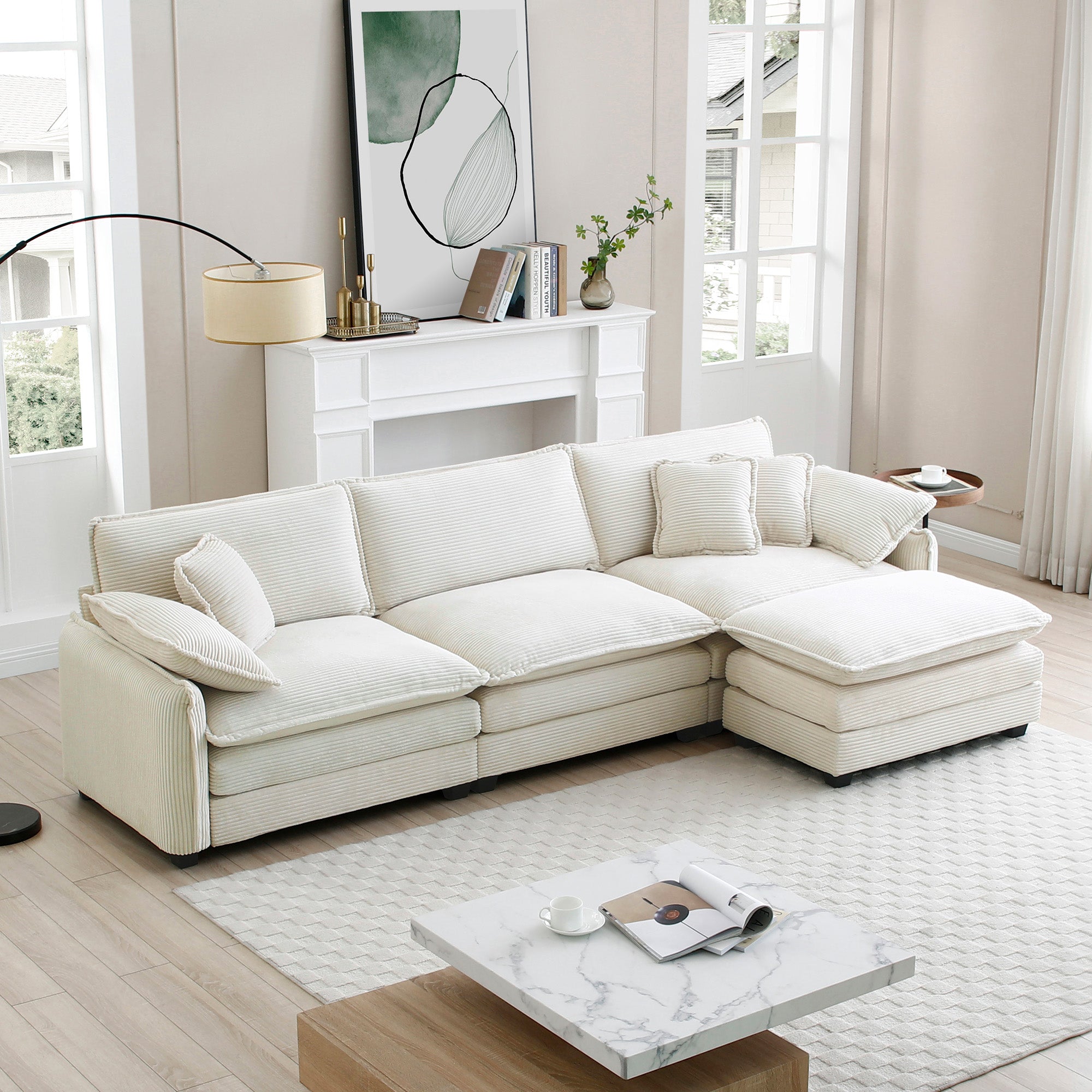 Oversize 3 Seater Sofa With One Footrest, L Shaped Sectional Sofa With Ottoman For Living Rooms, White Corduroy Sofa White Corduroy 3 Seat