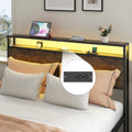 Queen Bed Frame With Led Lights And Charging Station Robust Metal Wood Construction, Rustic Wood Platform Bed Frame With 2 Drawers, No Box Spring Needed, Noise Free, Vintage Brown, Easy Assemble Box Spring Not Required Queen Black Brown Metal Brown