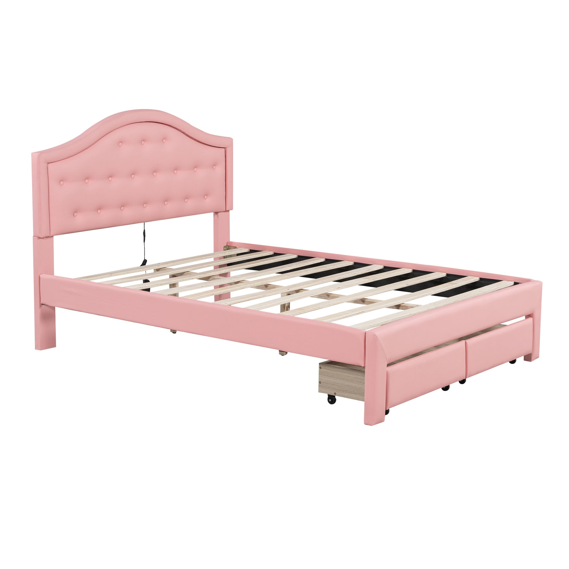 Full Size Upholstered Platform Bed With Tufted Headboard, Led And 2 Drawers, Pink Box Spring Not Required Full Pink Wood Bathroom Bed Frame Faux Leather Upholstered