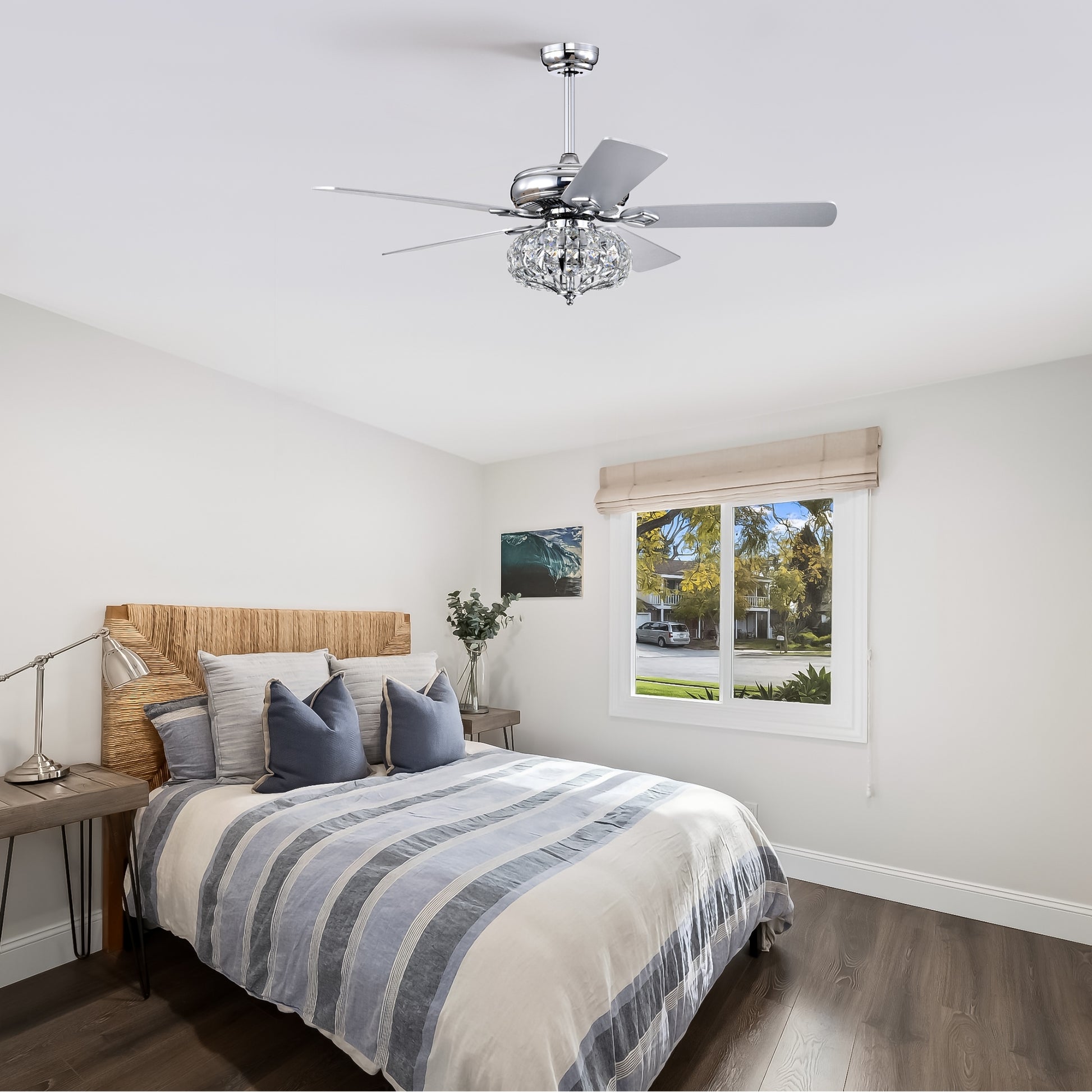 52'' Crystal Shade Ceiling Fan Lamp With Remote Control 3 Speed High, Mid, Low 5 Reversible Blades For Living Room, Dining Room, Bedroom, Family Room, Chrome ,3Pcs*E26 No Include Bulb Chrome American Traditional,Antique,Classic,Contemporary Crystal Metal
