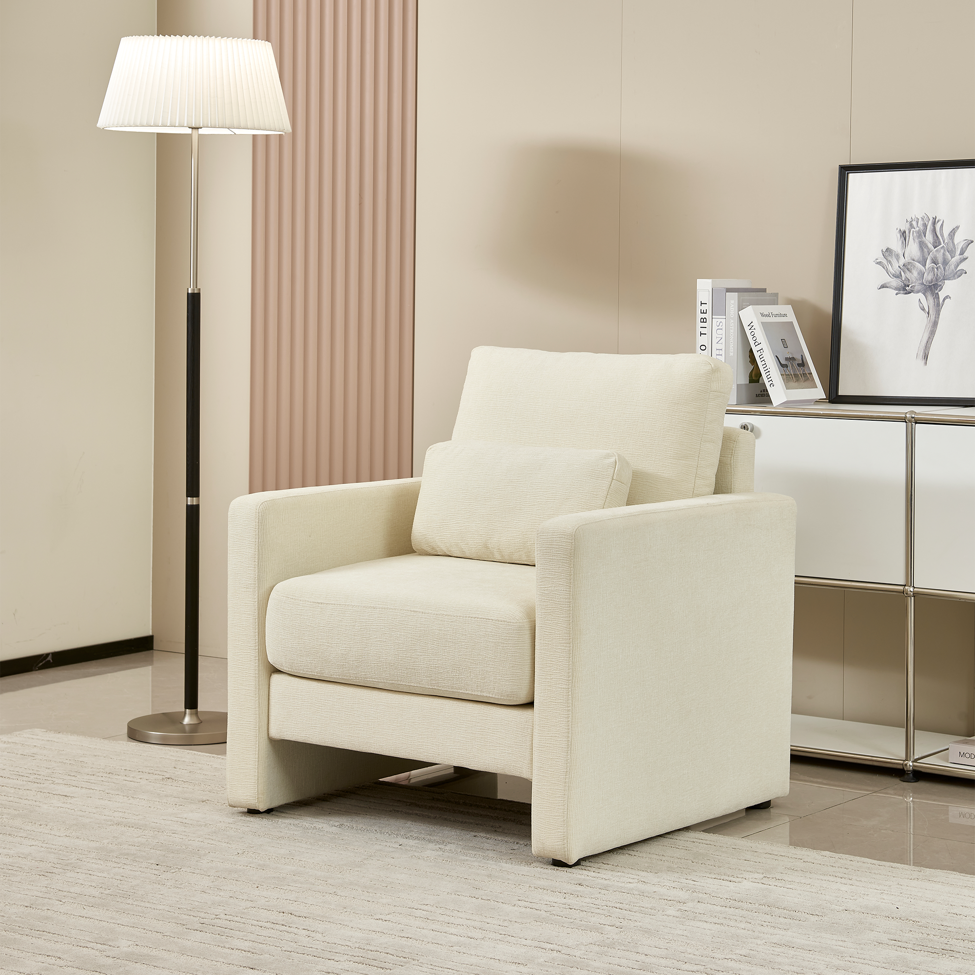 Modern Accent Chair, Chenille Upholstery Armchair Modern Style, Solid Wood Frame Ideal For Living Room, Bedroom, Office Beige Wood Foam Chenille 1 Seat