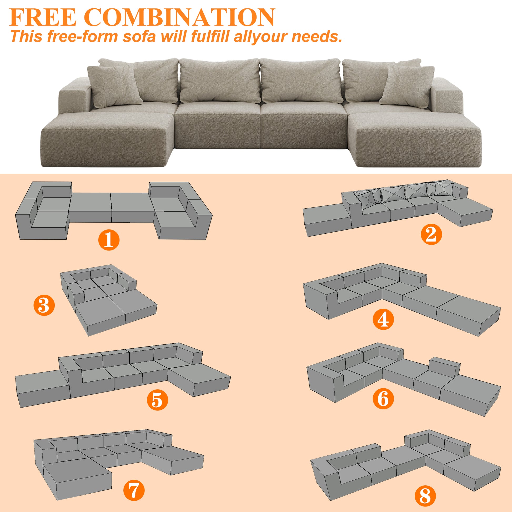 Oversized Sponge Cloud Sofa,Modern Upholstered Sectional Sofa Couch Set,Modular 162" L Shaped Sectional Living Room Sofa Set With 6 Pillows,Free Combination Sofa Couch For Living Room,Bedroom Beige Foam Chenille 6 Seat