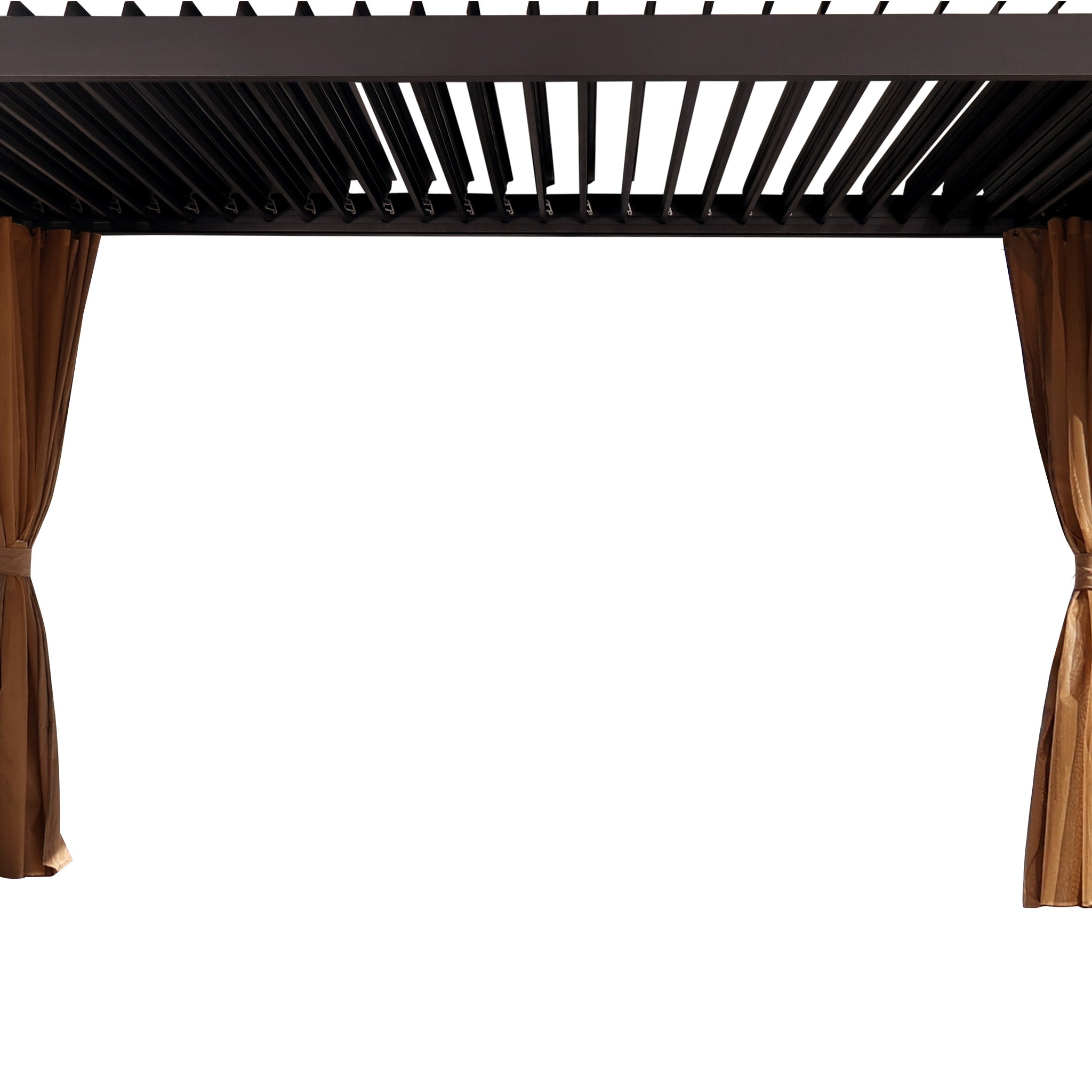 10' 13' Louvered Pergola With Adjustable Roof, With Curtain And Netting Brown Rectangular No Foundation Needed None Garden & Outdoor Classic Powder Coated Frame Gazebos Anchored Aluminium Alloy