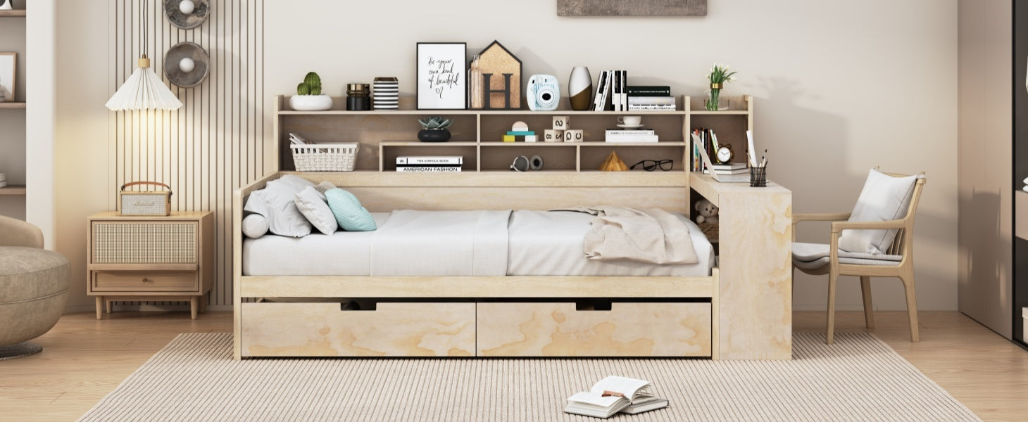 Wooden Full Size Daybed With Storage Shelves, Multi Functional Bed With Two Storage Drawers And Study Desk, Natural Full Natural Wood