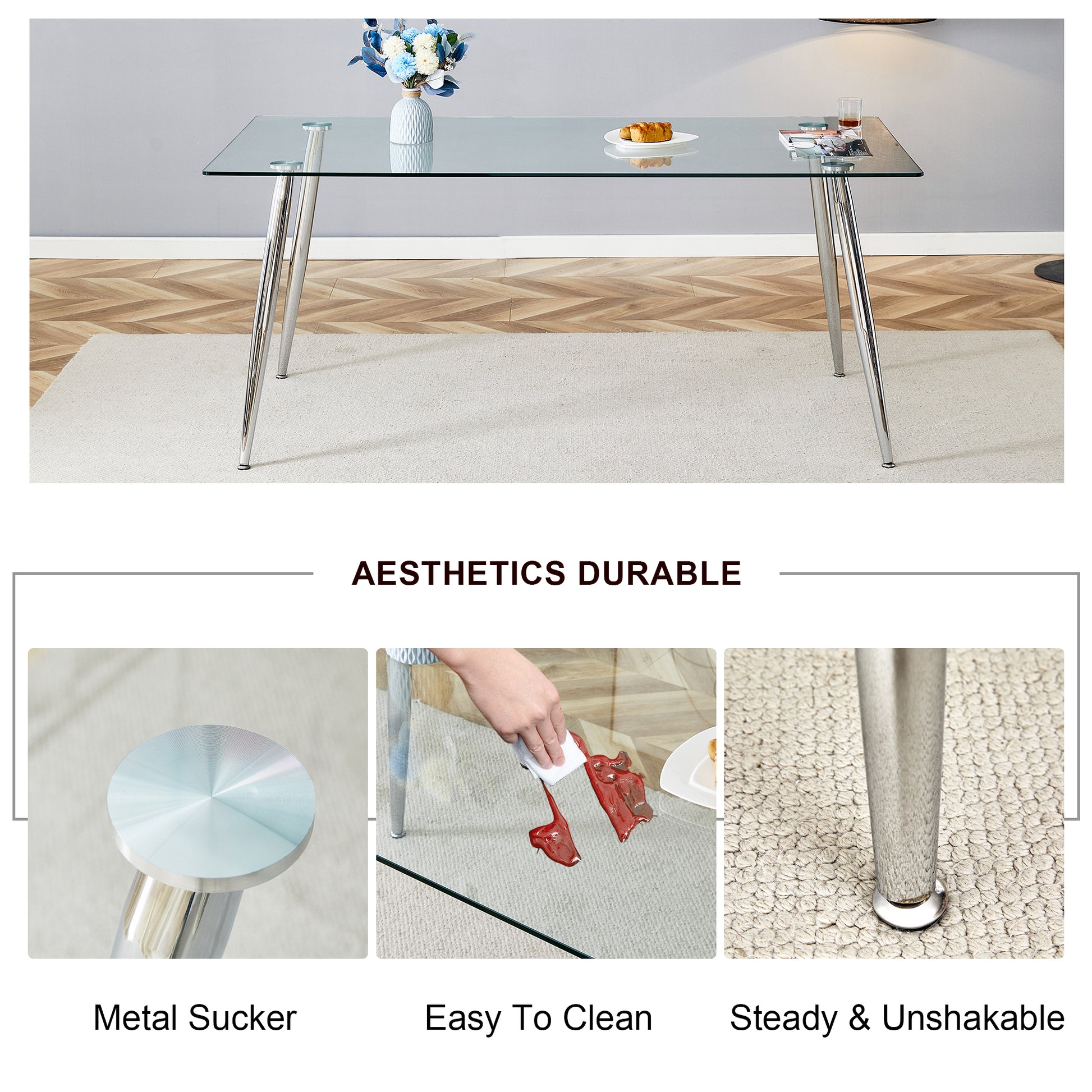 Table And Chair Set.Modern Rectangular Glass Dining Table With A Tempered Glass Tabletop And Silver Metal Legs, Paired With Multiple Chairs Designed With Pu Cushions And Silver Metal Legs. Silver White Seats 6 Tempered Glass