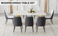 Table And Chair Set.The Table Has A Glass Top With Imitation Marble Pattern Stickers And Stainless Steel Golden Legs. Paried With Chairs With Pu Artificial Leather Backrest Cushions And Black Legs. Black Gold Seats 8 Glass Metal