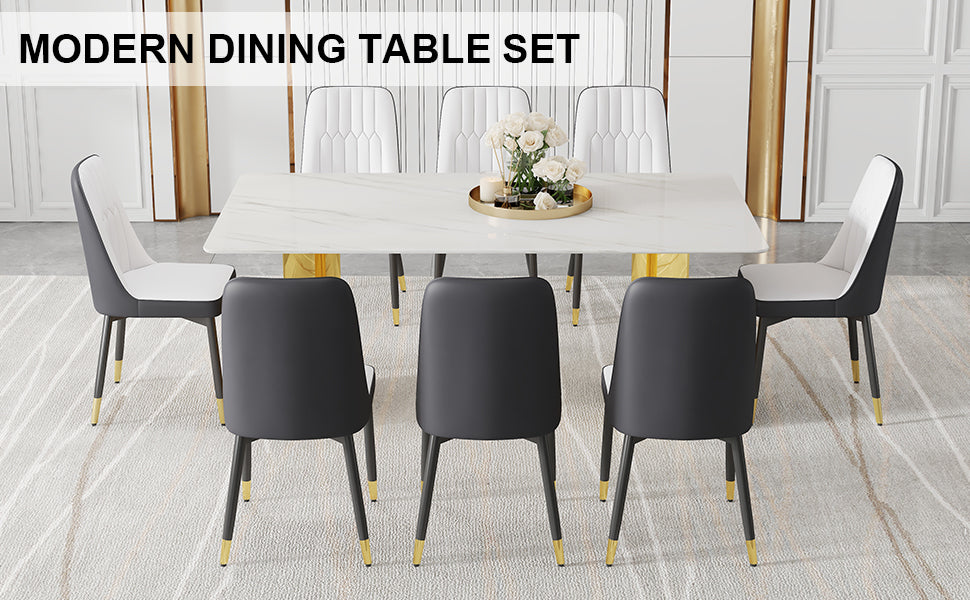 Table And Chair Set.The Table Has A Glass Top With Imitation Marble Pattern Stickers And Stainless Steel Golden Legs. Paried With Chairs With Pu Artificial Leather Backrest Cushions And Black Legs. Black Gold Seats 8 Glass Metal