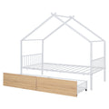 Twin Size Metal House Bed With Two Drawers, White Twin White Metal