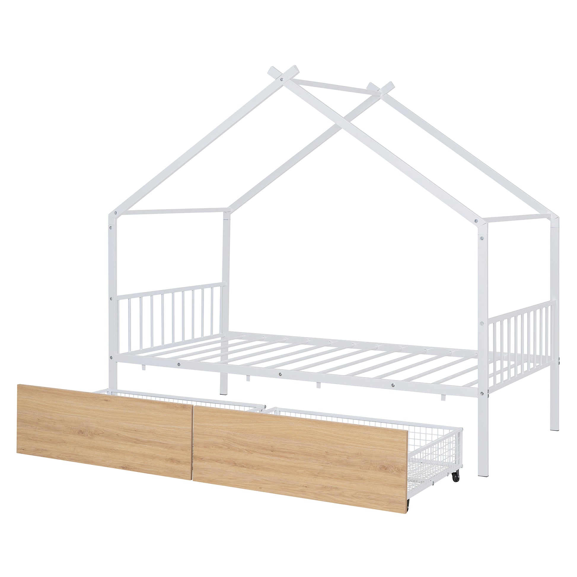 Twin Size Metal House Bed With Two Drawers, White Twin White Metal