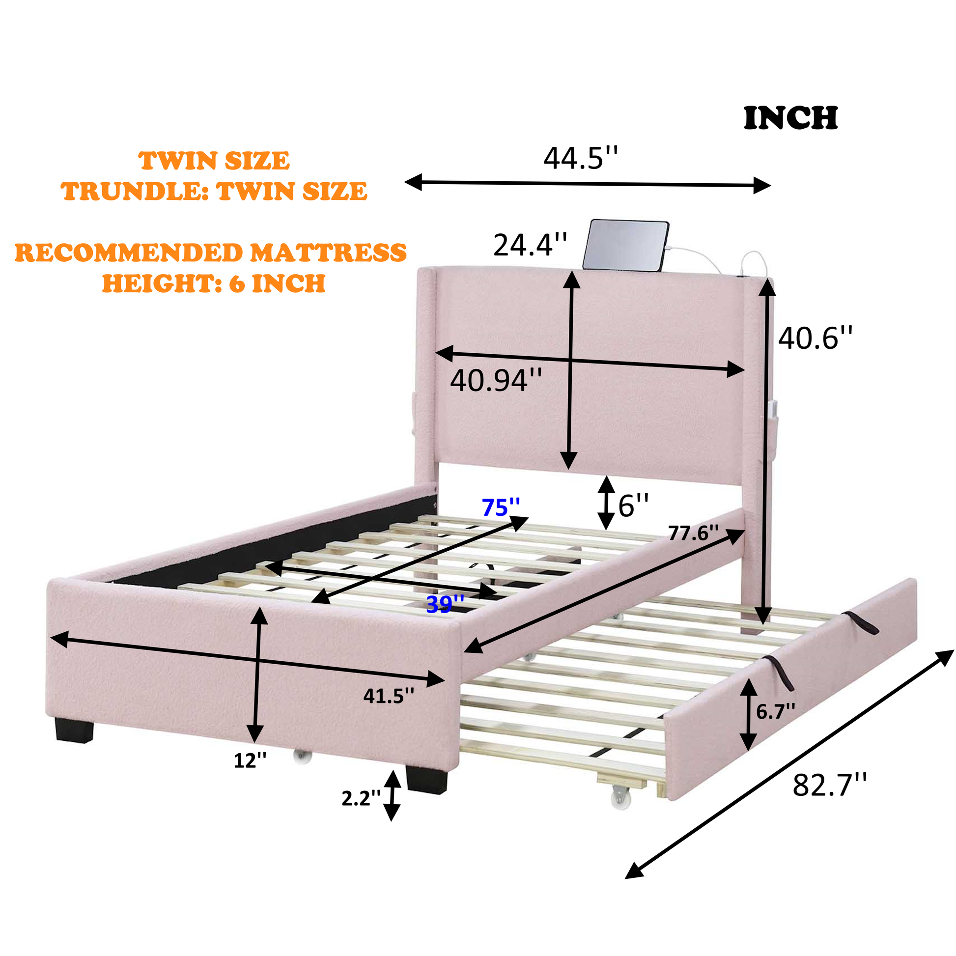 Pink Twin Size Upholstered Bed Frame With Trundle Bed, Teddy Fabric, Usb Functionality, And A Pocket Design On The Side Of The Headboard For Storing Small Items. Pink Is A Girl'S First Choice Box Spring Not Required Twin Baby Pink Wood Espresso Bedroom