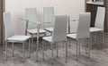 Table And Chair Set.Rectangular Dining Table With Tempered Glass Tabletop And Silver Plating Metal Legs.Paired With 6 Checkered Armless High Back Light Gray Chairs With Electroplated Metal Legs. Transparent Seats 6 Glass Metal