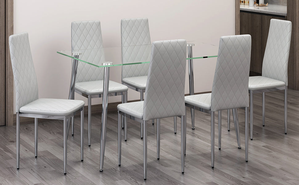 Table And Chair Set.Rectangular Dining Table With Tempered Glass Tabletop And Silver Plating Metal Legs.Paired With 6 Checkered Armless High Back Light Gray Chairs With Electroplated Metal Legs. Transparent Seats 6 Glass Metal