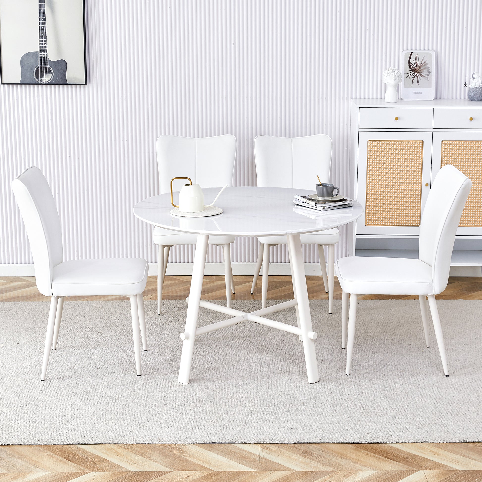 Table And Chair Set, Mdf Desktop, White Metal Table Legs, Stable And Beautiful, Suitable For Most Styles Of Home. Modern Simple Dining Table, Comfortable Seating. White Seats 4 Mdf