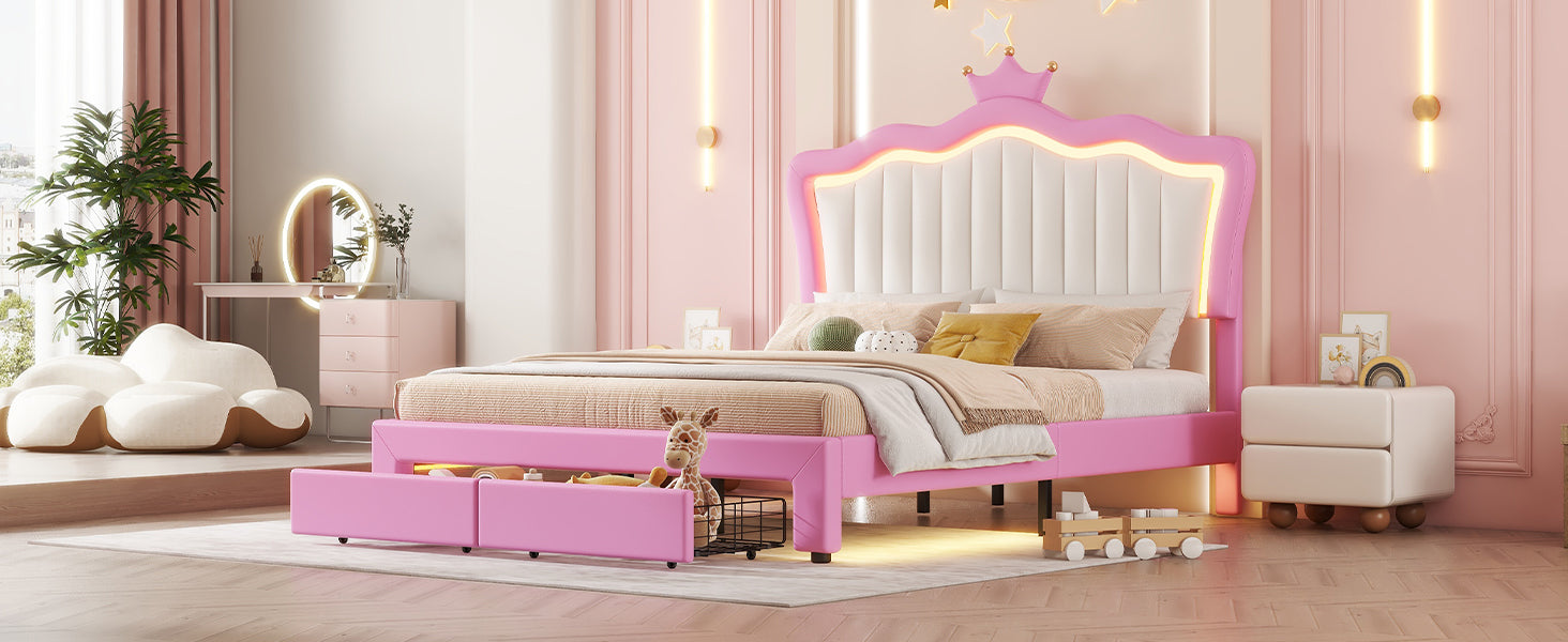 Full Size Upholstered Bed Frame With Led Lights, Modern Upholstered Princess Bed With Crown Headboard, 2 Drawers, Pink White Box Spring Not Required Full Pink White Wood Bathroom Modern Bed Frame Pu