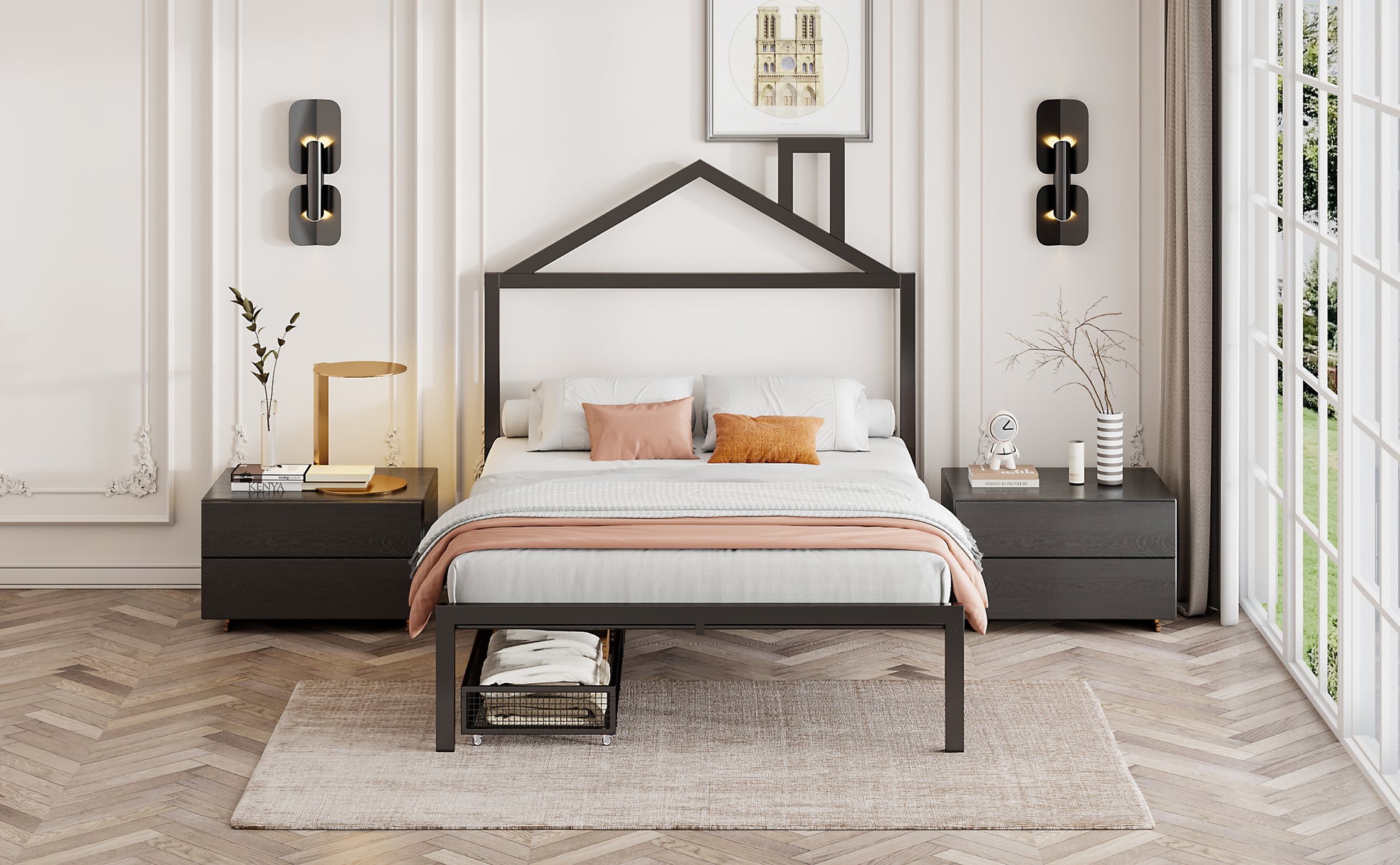 Full Size Metal Platform Bed With Two Drawers,House Shaped Headboard Design, Black Full Black Metal
