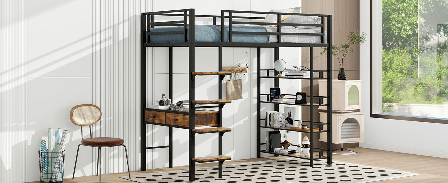 Twin Size Metal Loft Bed With Desk And Shelves, Black Box Spring Not Required Twin Black Metal Solid Wood Mdf