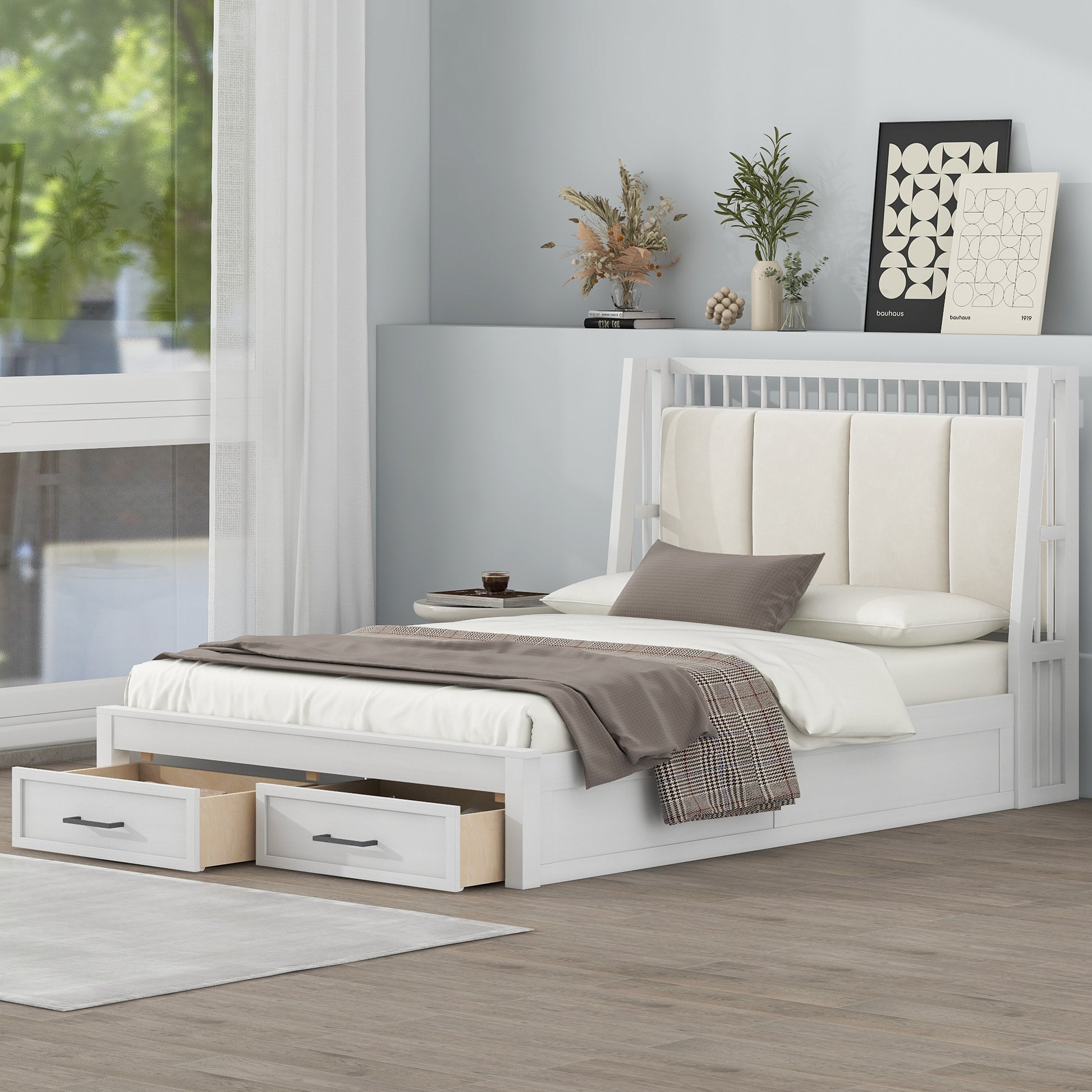 Full Size Wood Platform Bed With Upholstered Headboard And 2 Drawers, White Box Spring Not Required Full White Wood Bed Frame Solid Wood Mdf