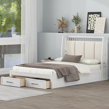 Full Size Wood Platform Bed With Upholstered Headboard And 2 Drawers, White Box Spring Not Required Full White Wood Bed Frame Solid Wood Mdf