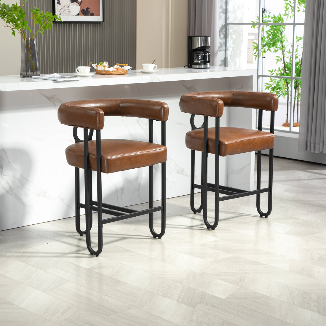 Coolmore Bar Stools Set Of 2, Modern Bar Stool With Back, Black Metal Frames, Upholstered Bar Stools For Kitchen Island, Pub, Club Light Brown Pu Light Brown Dining Room Foam Pu Leather