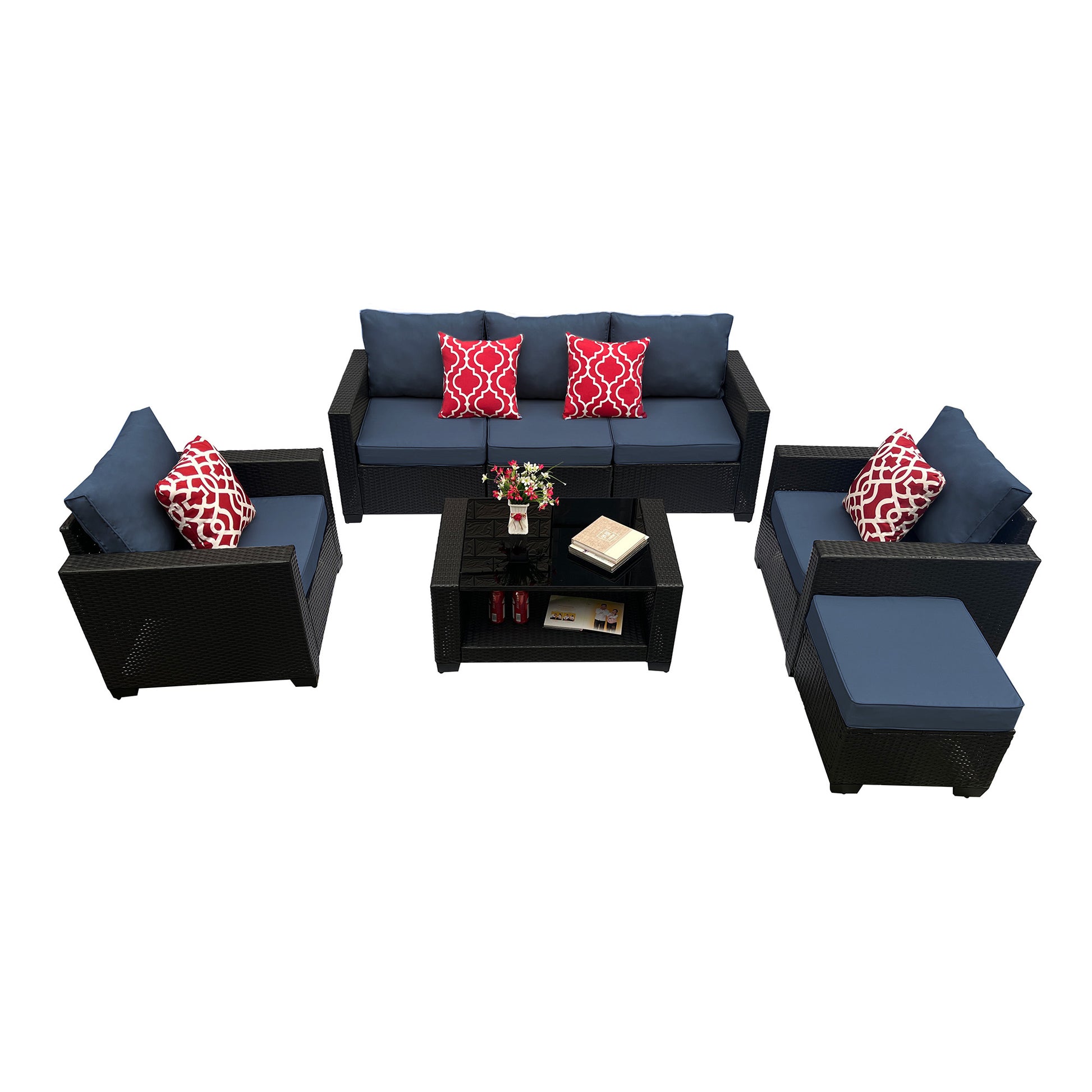 Outdoor Garden Patio Furniture 7 Piece Pe Rattan Wicker Cushioned Sofa Sets And Coffee Table, Patio Furniture Set Outdoor Couch Outdoor Couch Patio Furniture Outdoor Sofa Patio Couch Yes Complete Patio Set Dark Coffee Blue Seats 6 Weather Resistant Frame