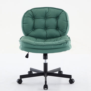 Armless Office Desk Chair With Wheels: Pu Leather Cross Legged Wide Chair,Comfortable Adjustable Swivel Computer Task Chairs For Home,Office,Make Up,Small Space,Bed Room Green Antique Fiber Foam And Polyester Fiber Pad Pvc