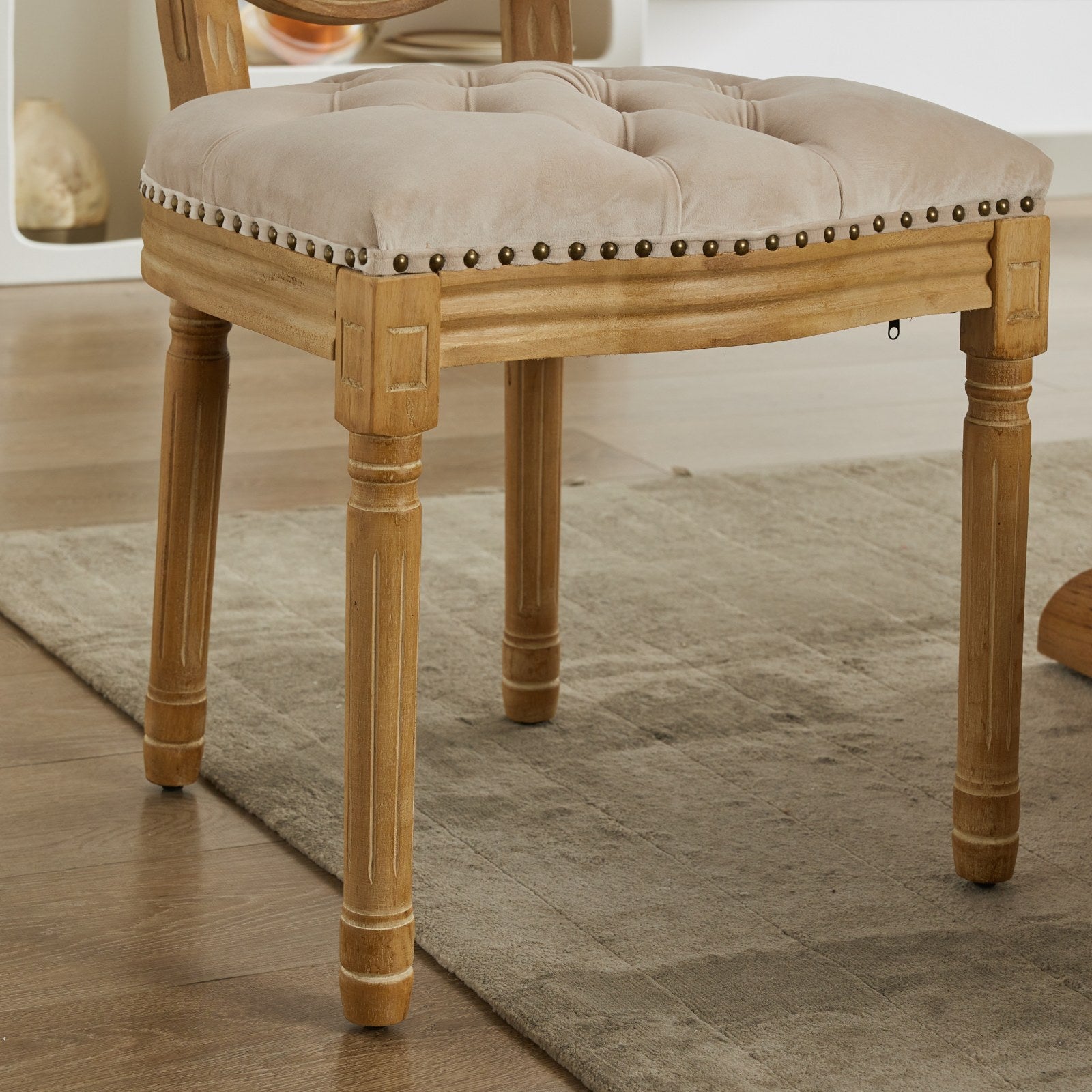 French Style Solid Wood Frame Antique Painting,Hand Pulled Buckle Decoration Velvet Artificial Leather Dining Chair With Trim ,Wood Legs,Steel Spring Inner,Set Of 2,Beige,Sw1739Bg Beige Dining Room American Design Dining Chairs Rubberwood Set Of 2 Foam