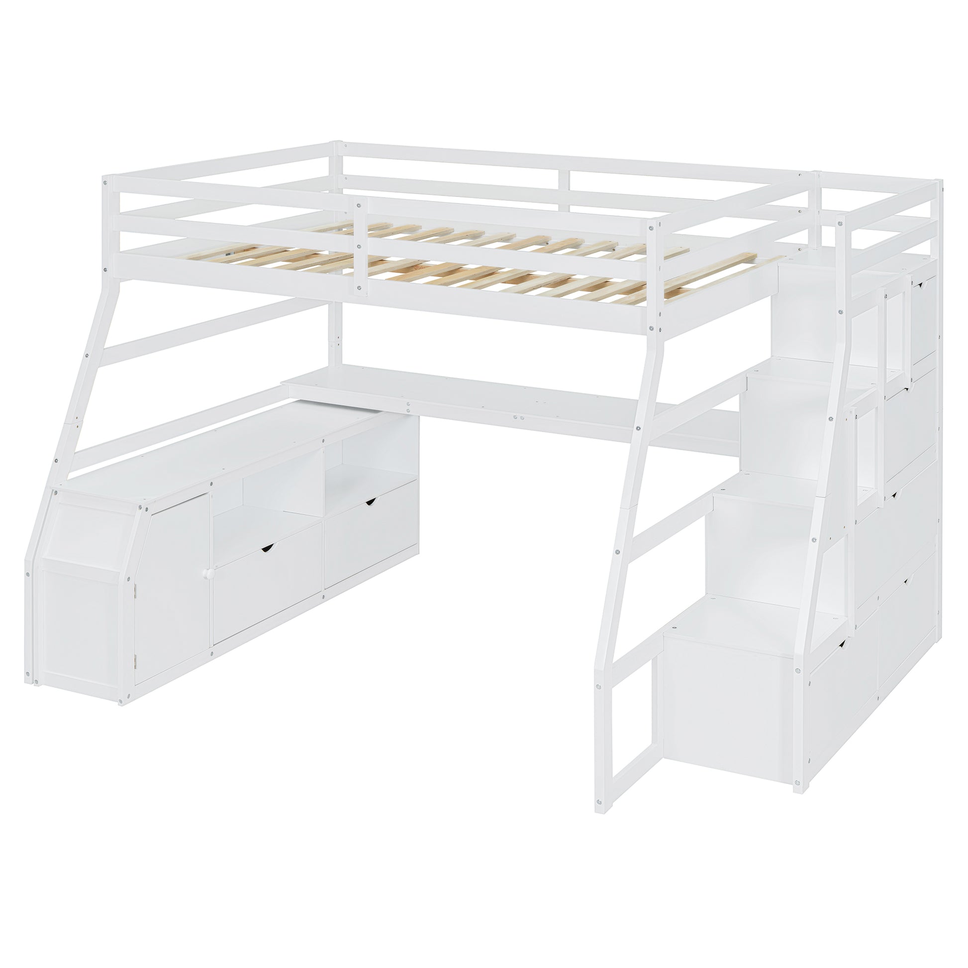 Full Size Loft Bed With 7 Drawers 2 Shelves And Desk White Full White Plywood