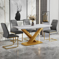 Table And Chair Set, The Table Is Equipped With A Marble Patterned Mdf Tabletop And Gold Table Legs.Dining Chairs,Gold Legged Upholstered Chairs Made Of Artificial Leather. Grey Gold Seats 4 Mdf
