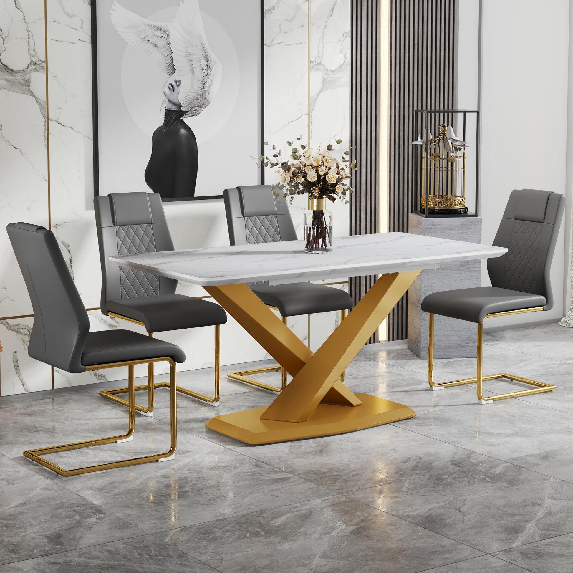 Table And Chair Set, The Table Is Equipped With A Marble Patterned Mdf Tabletop And Gold Table Legs.Dining Chairs,Gold Legged Upholstered Chairs Made Of Artificial Leather. Grey Gold Seats 4 Mdf