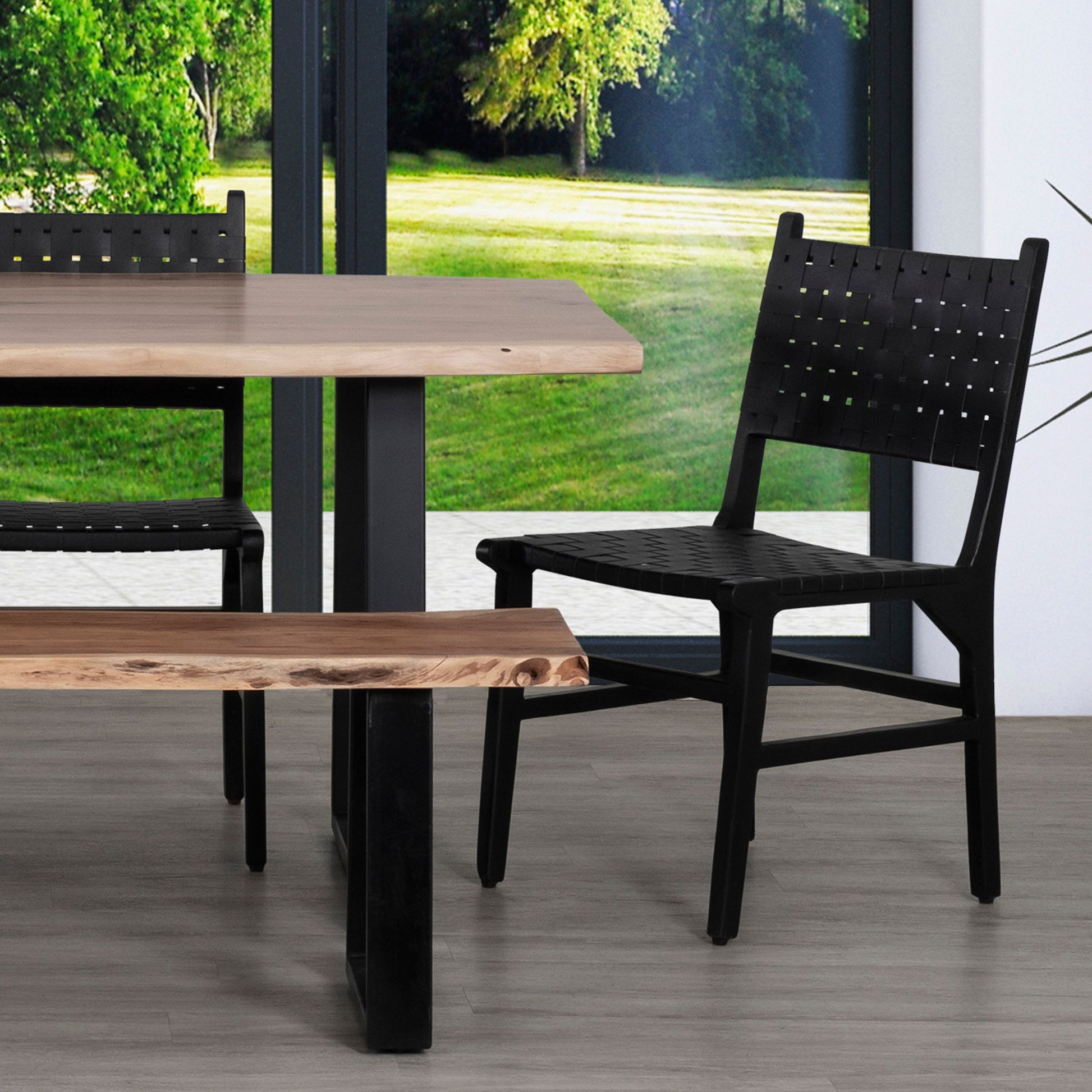 Upholstered Dining Chair Set Of 2, Genuine Leather Woven Side Chair, Rustic Hardwood Frame, Black Wood Geometric Black Dining Room Rectangular Rustic Dining Chairs Set Of 2 Leather Wood