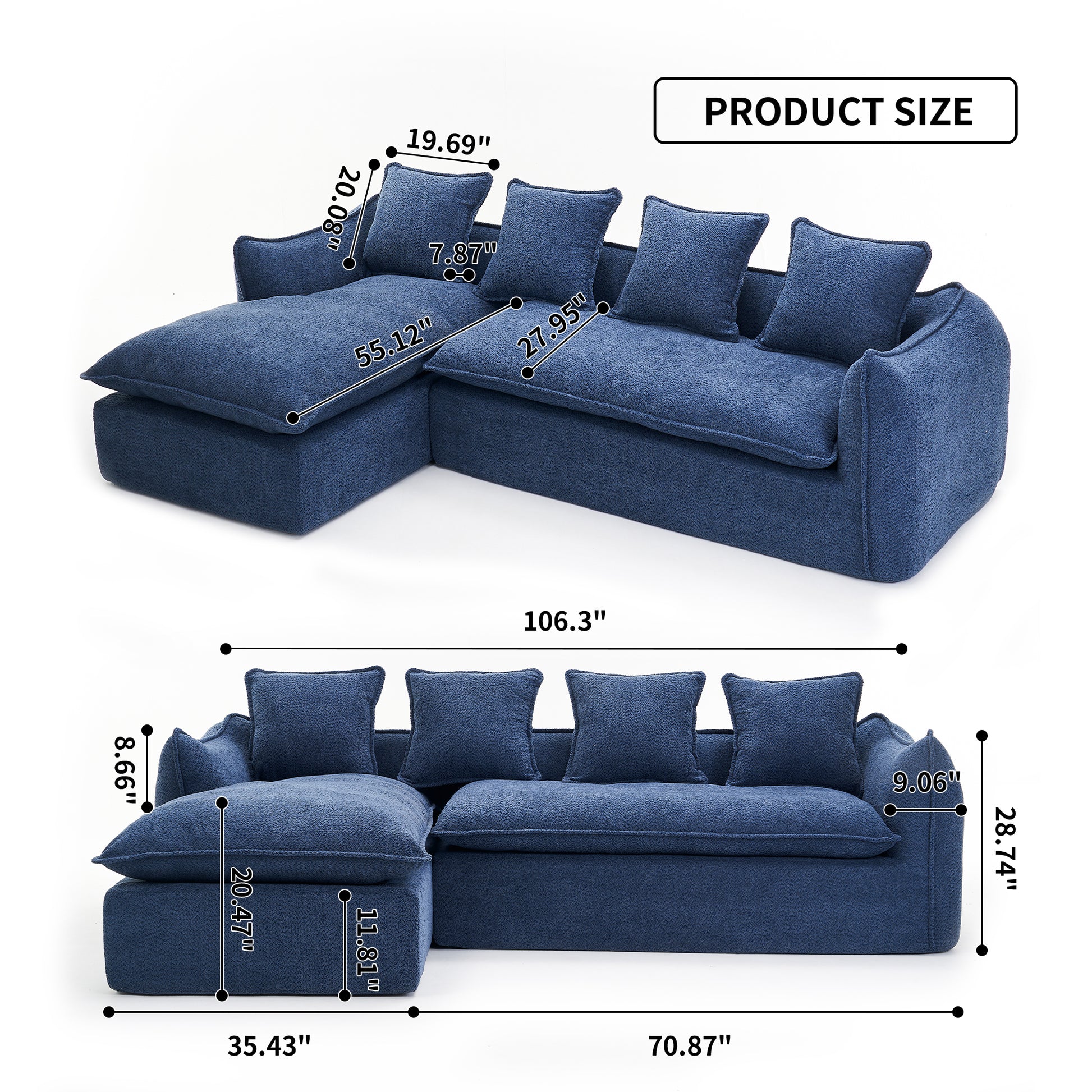 Sofa Deep Seat Sofa 3 Seater For Living Room Oversized Comfy Sofa L Shape Sofa Couch With Chaise Home Furniture Sleeper Sectional Sofa For Apartment, Office Left Hand Facing Blue Foam 3 Seat