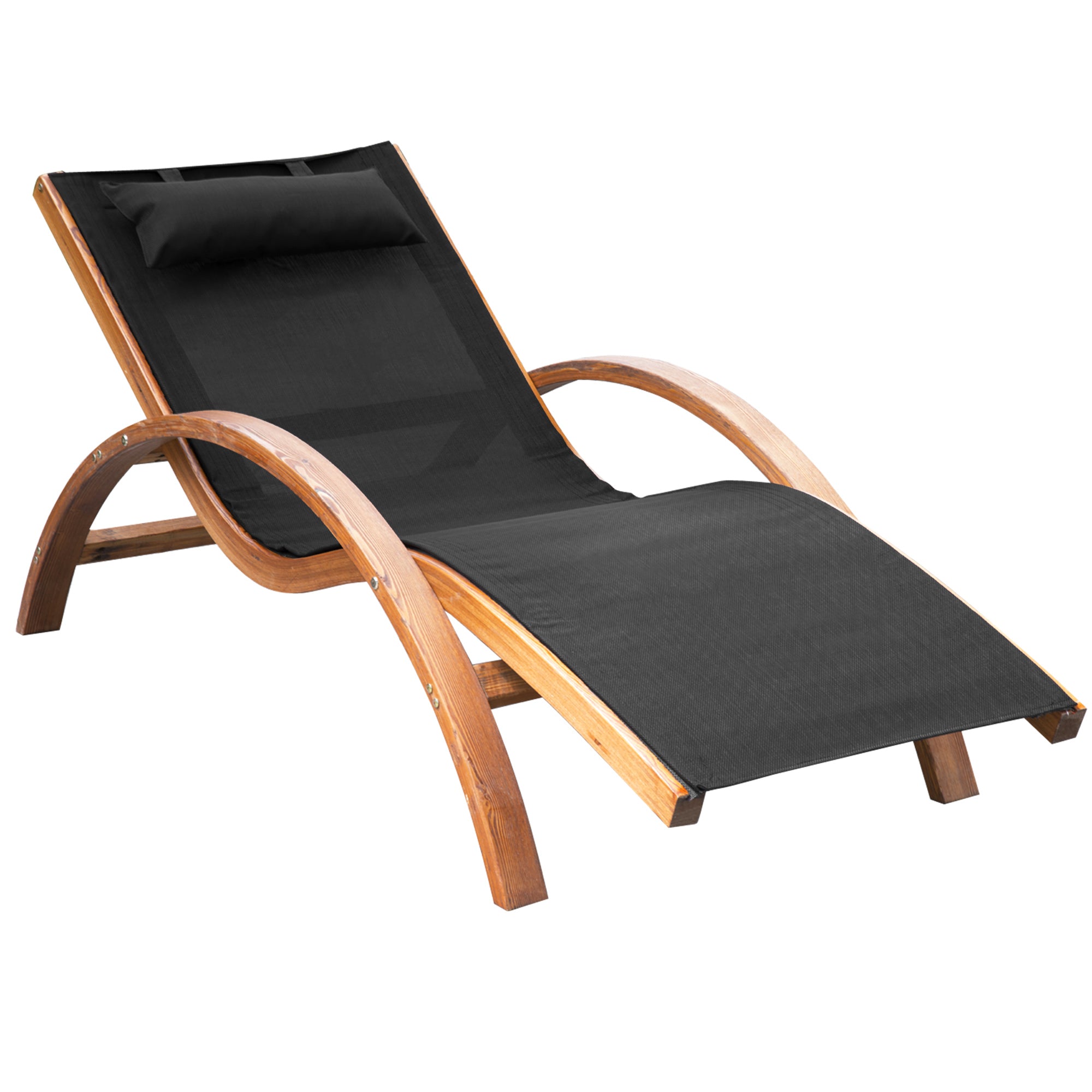 Outsunny Outdoor Chaise Wood Lounge Chair With Pillow, Armrests,Sling Mesh And Comfortable Curved Design For Patio, Deck, And Poolside Black Pine