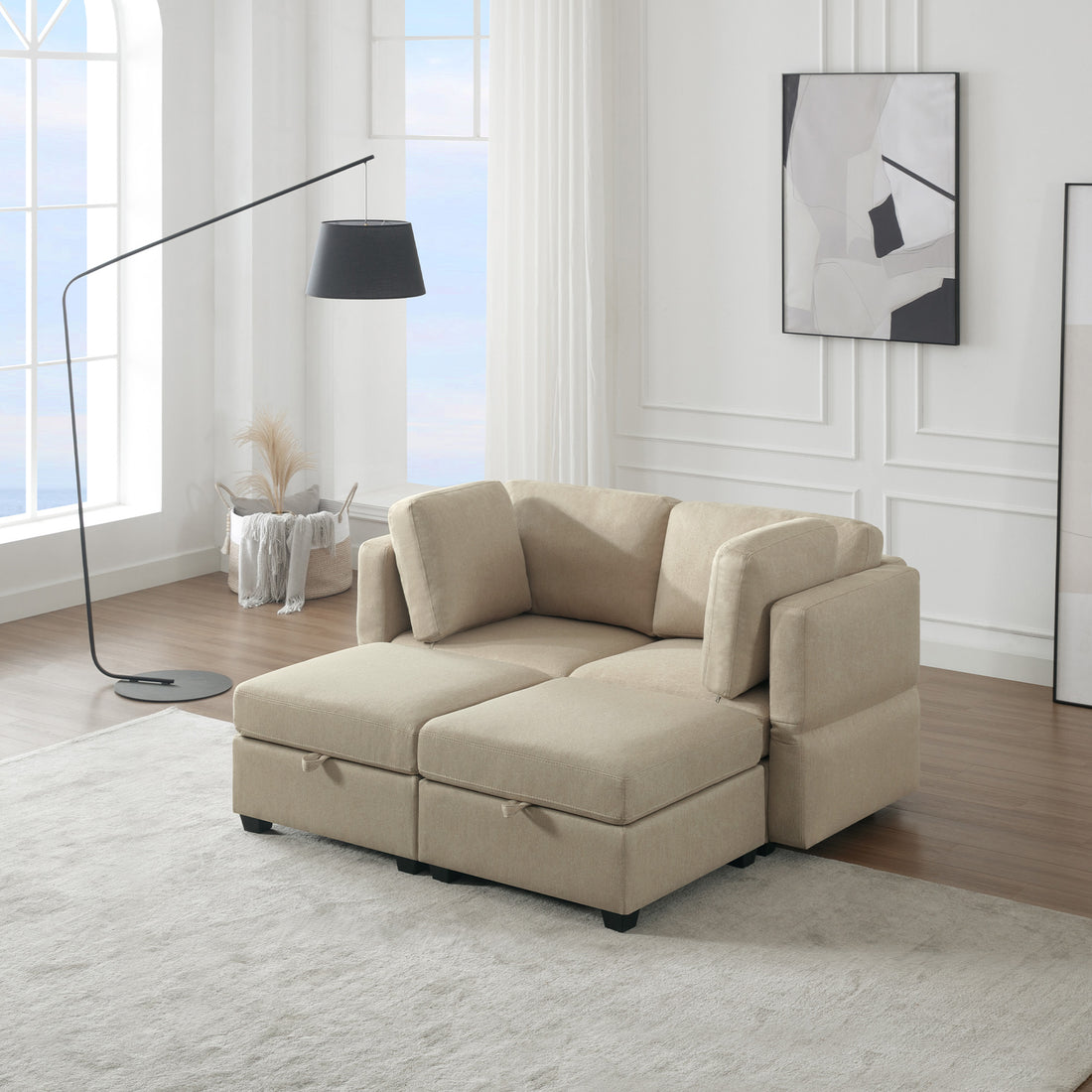 Modular Sectional 2 Seater Sofa With 2 Ottomanssleeper Sofa Bed Modular Sofa With Chaiseadjustable Arms And Backs Beige Beige Polyester 2 Seat