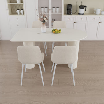 63 "Mdf Cream Style Coffee Table And Modern Dining Chair 4 Piece Set, Modern Fashion Kitchen Table Set, Round Wave Table Legs, Dining Table And Linen Chair Beige White Mdf